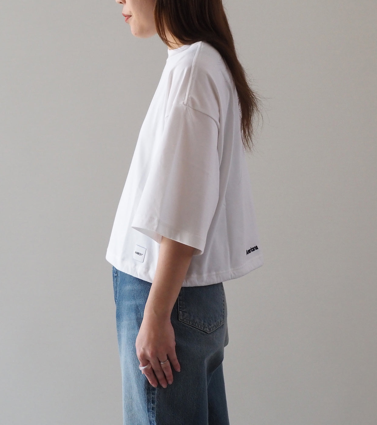 Americana Drawstring Hem Wide Cropped T-Shirt , Off White