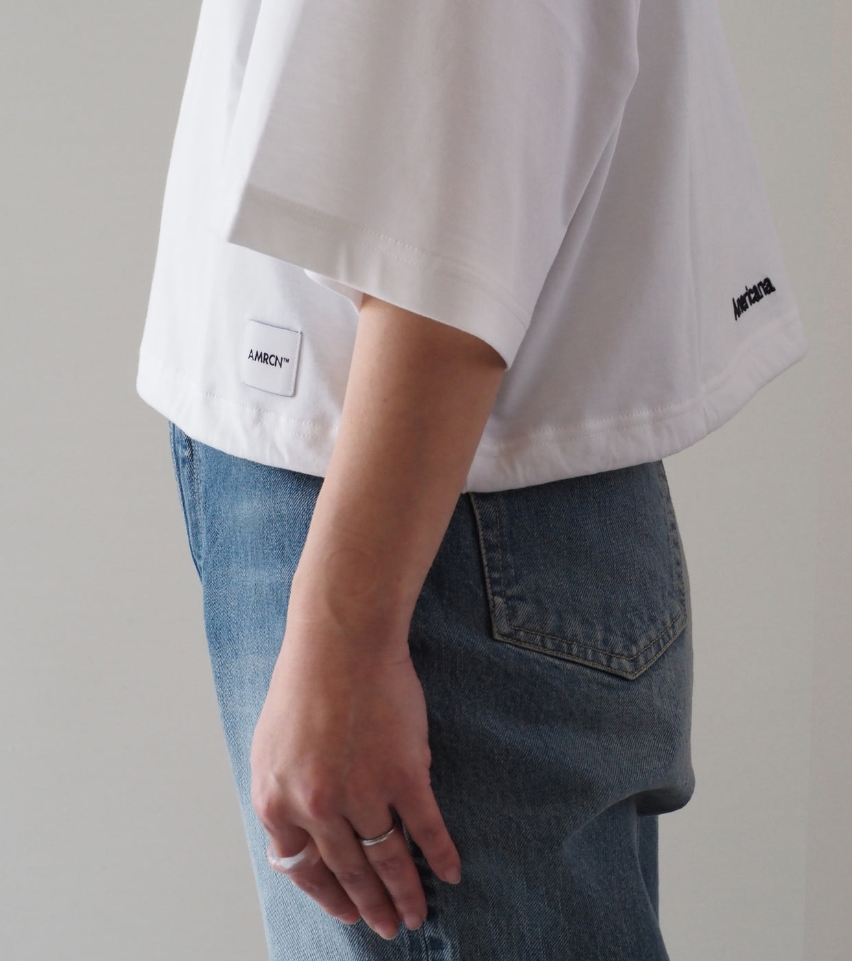 Americana Drawstring Hem Wide Cropped T-Shirt , Off White
