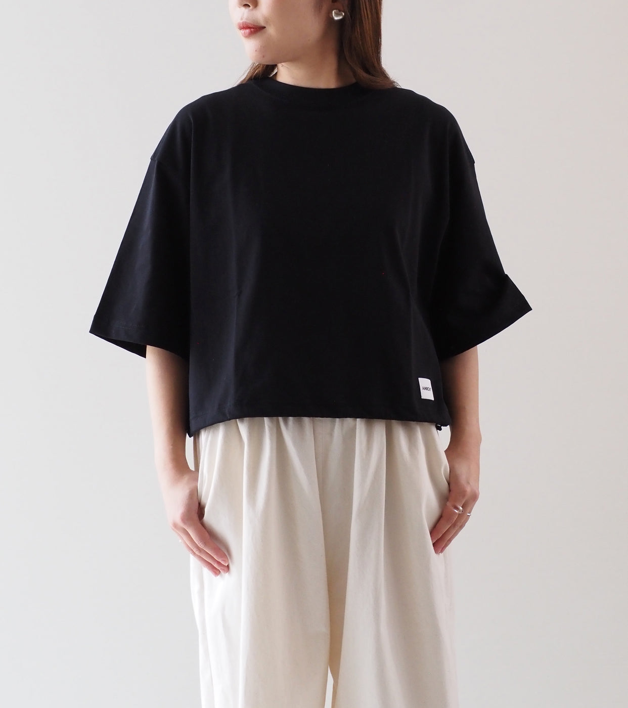 Americana Drawstring Hem Wide Cropped T-Shirt , Black