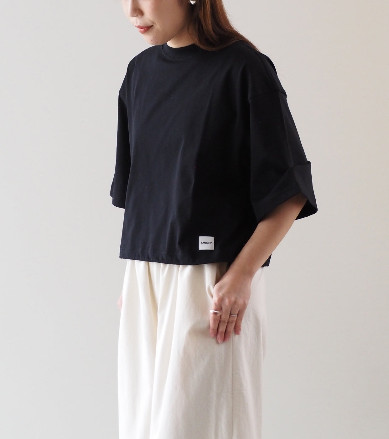 Americana Drawstring Hem Wide Cropped T-Shirt , Black