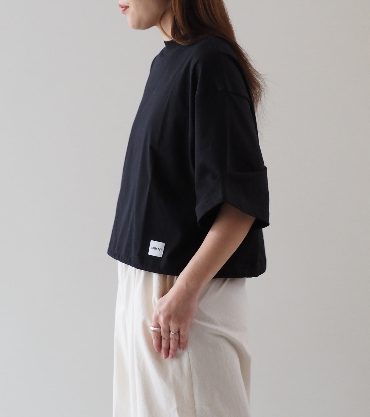 Americana Drawstring Hem Wide Cropped T-Shirt , Black