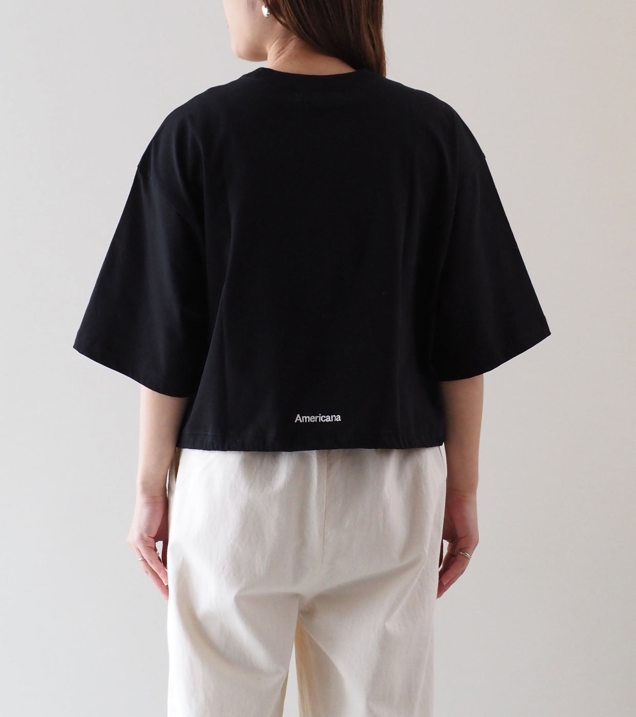 Americana Drawstring Hem Wide Cropped T-Shirt , Black