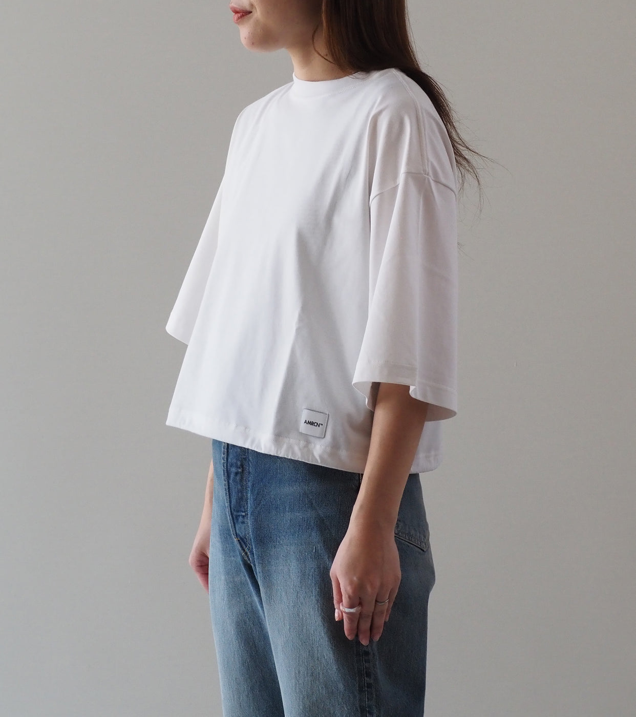 Americana Drawstring Hem Wide Cropped T-Shirt , Off White