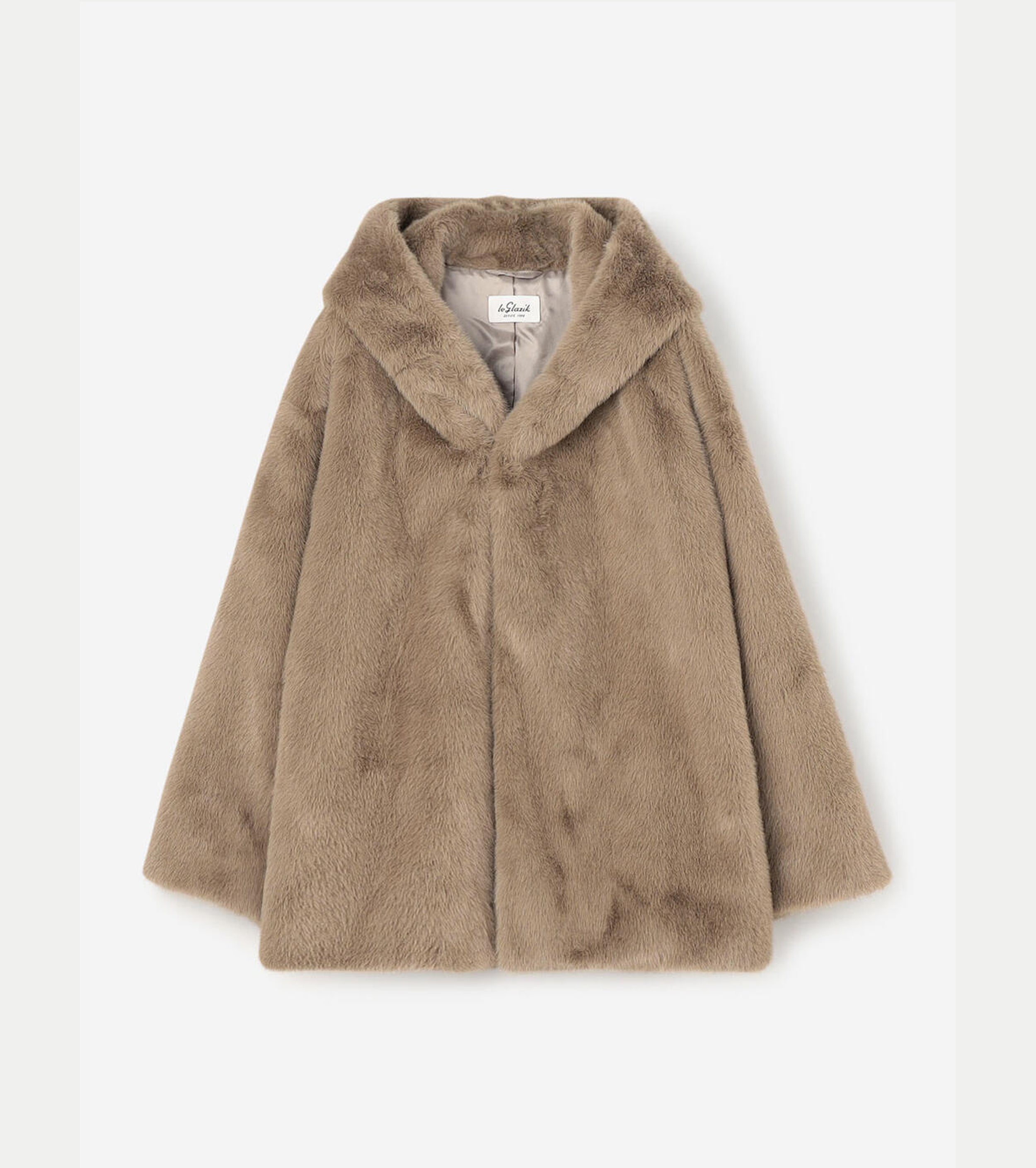 LE GLAZIK Eco Fur Hooded Short Coat,Beige