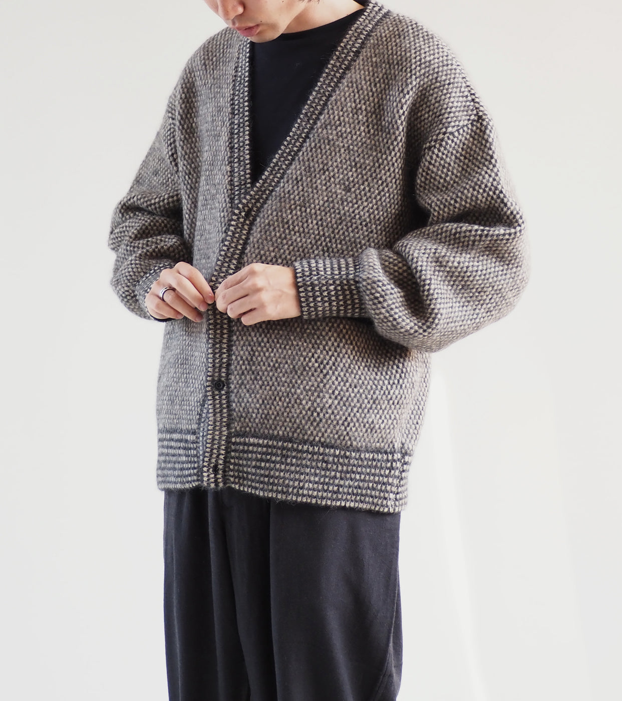 blurhms Alpaca Bird's-eye Knit Cardigan,Black Ecru