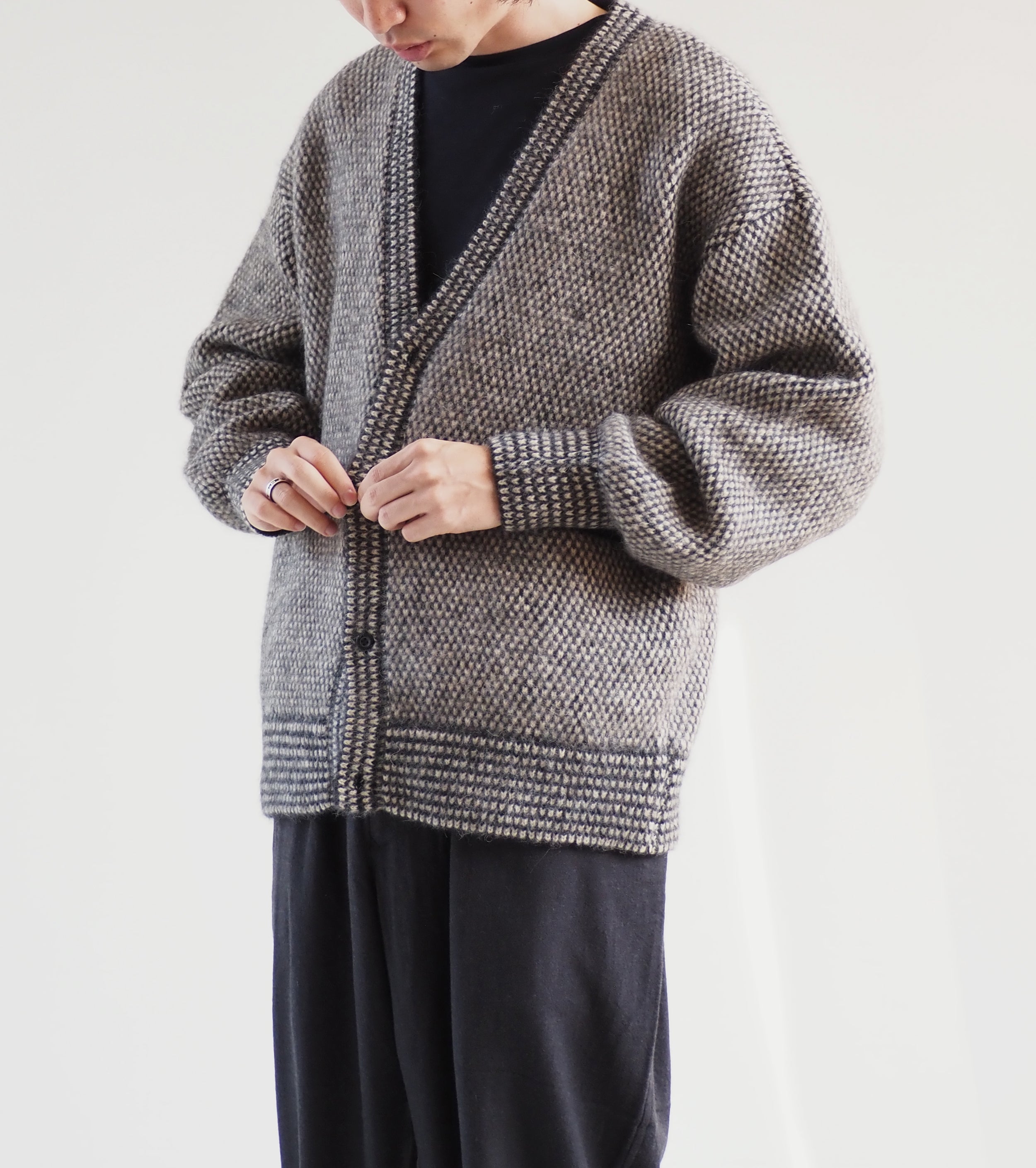 blurhms Alpaca Bird's-eye Knit Cardigan,Black Ecru
