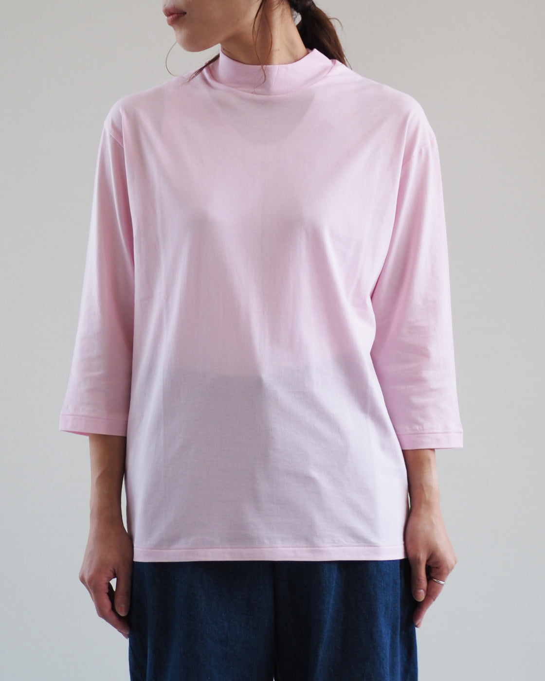 Mock Neck 3/4 Sleeve Tee,Candy Pink