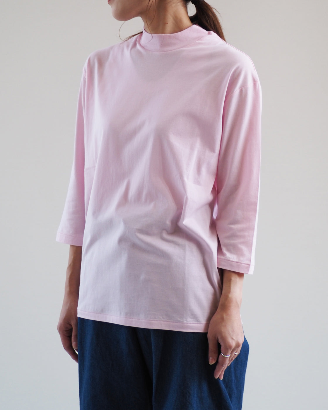 Mock Neck 3/4 Sleeve Tee,Candy Pink