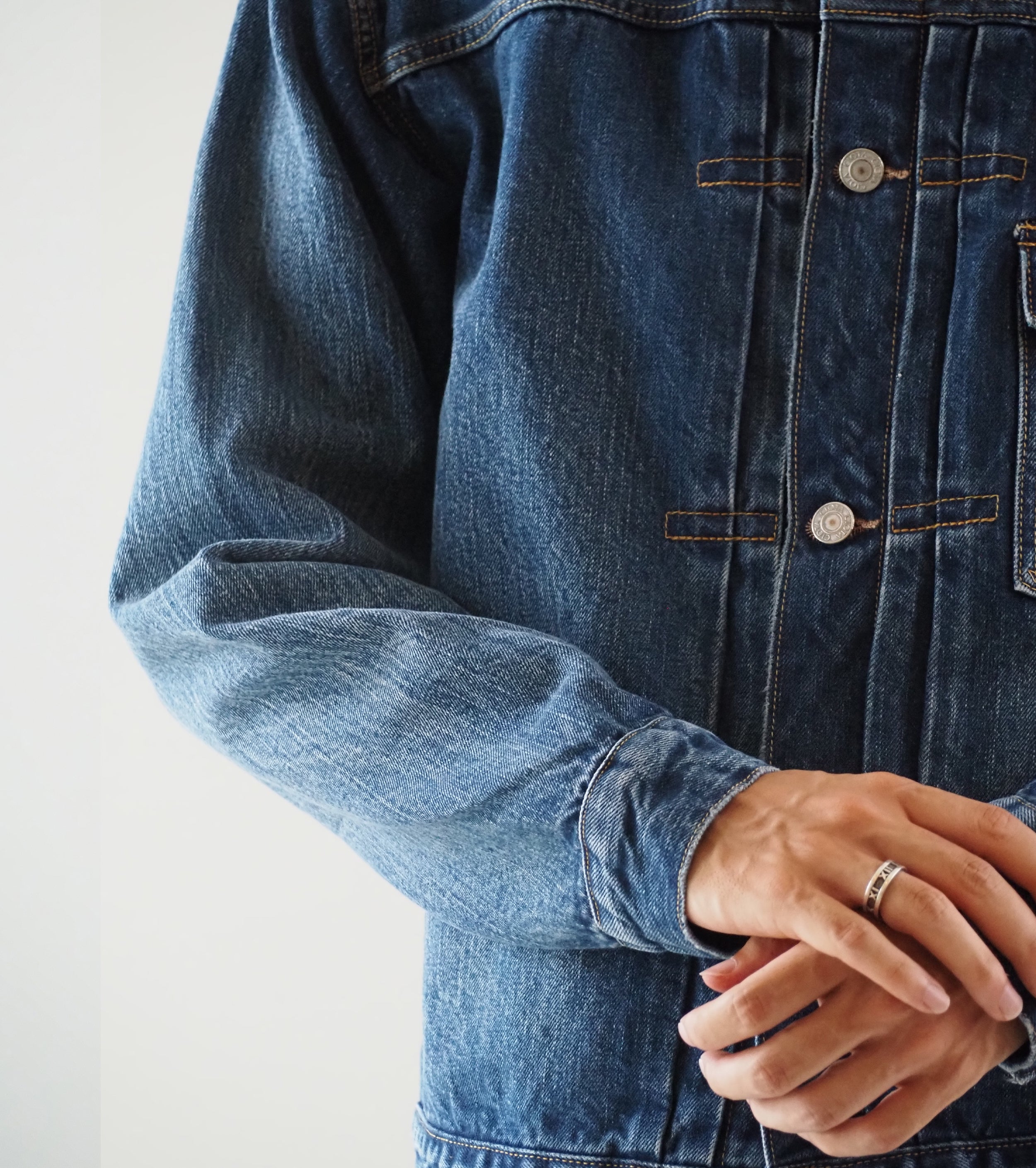 CIOTA New Single Pocket Denim Jacket , Medium Dark Blue(damage)