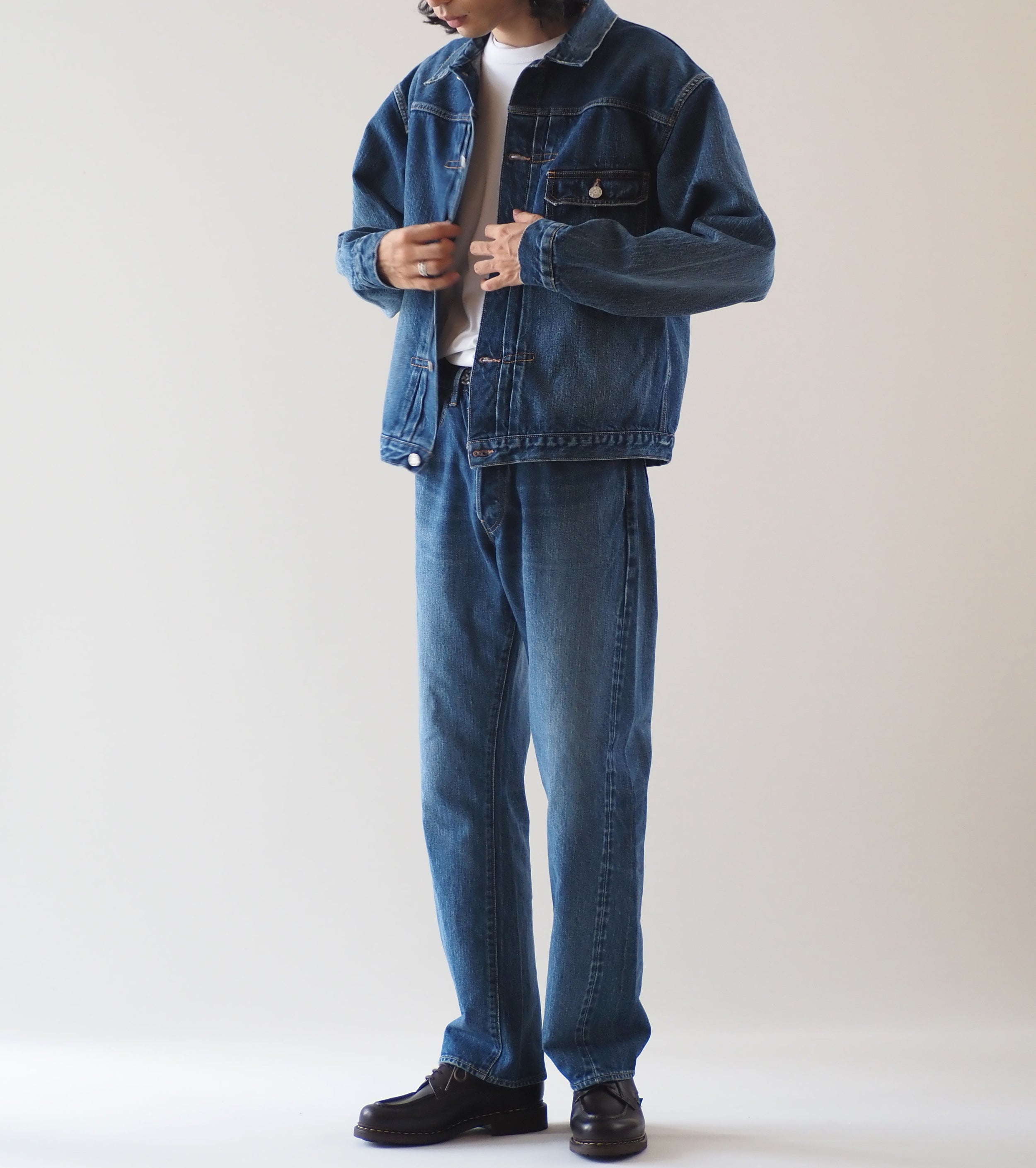 CIOTA New Single Pocket Denim Jacket , Medium Dark Blue(damage)