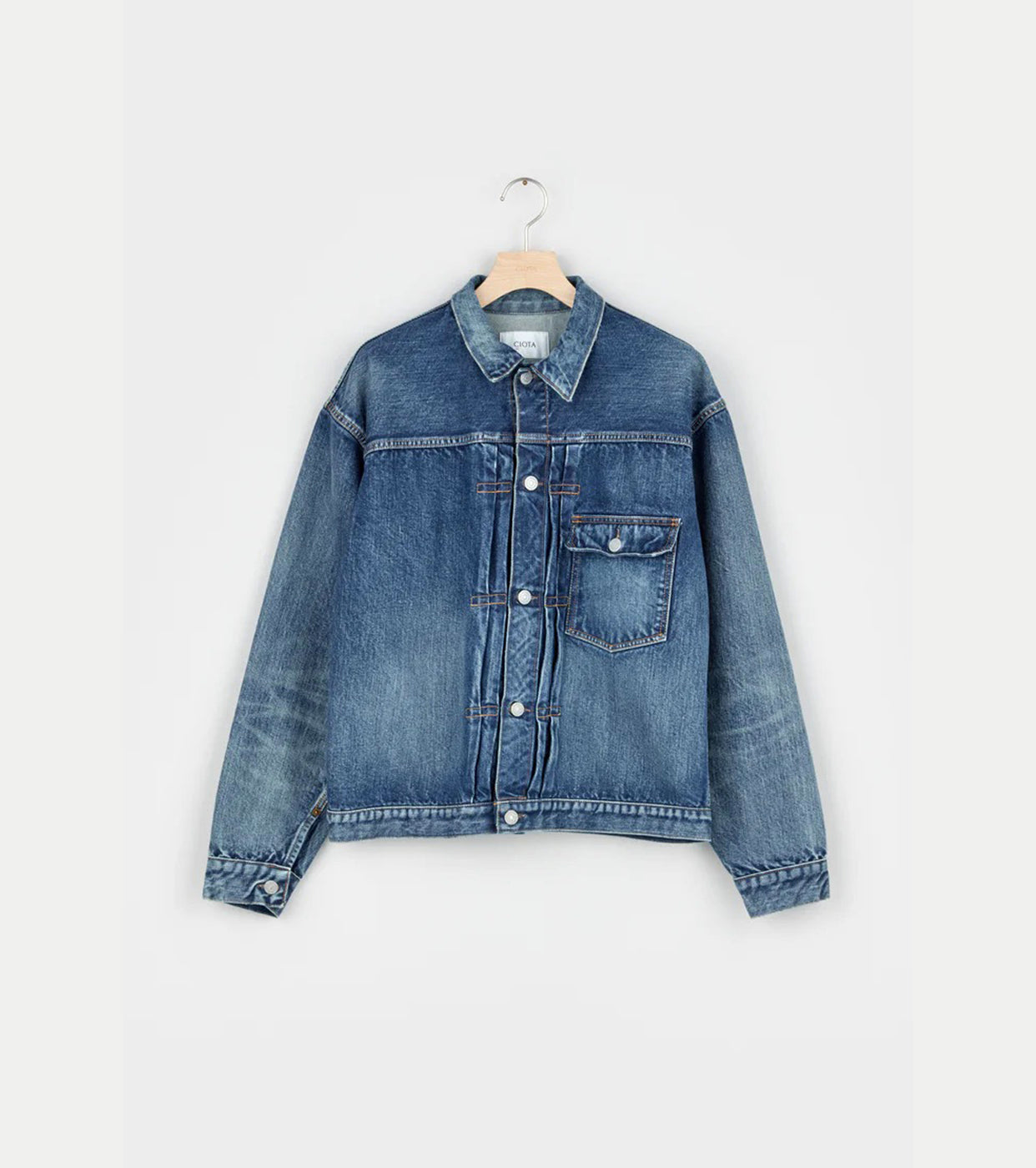 CIOTA New Single Pocket Denim Jacket , Medium Dark Blue(damage)