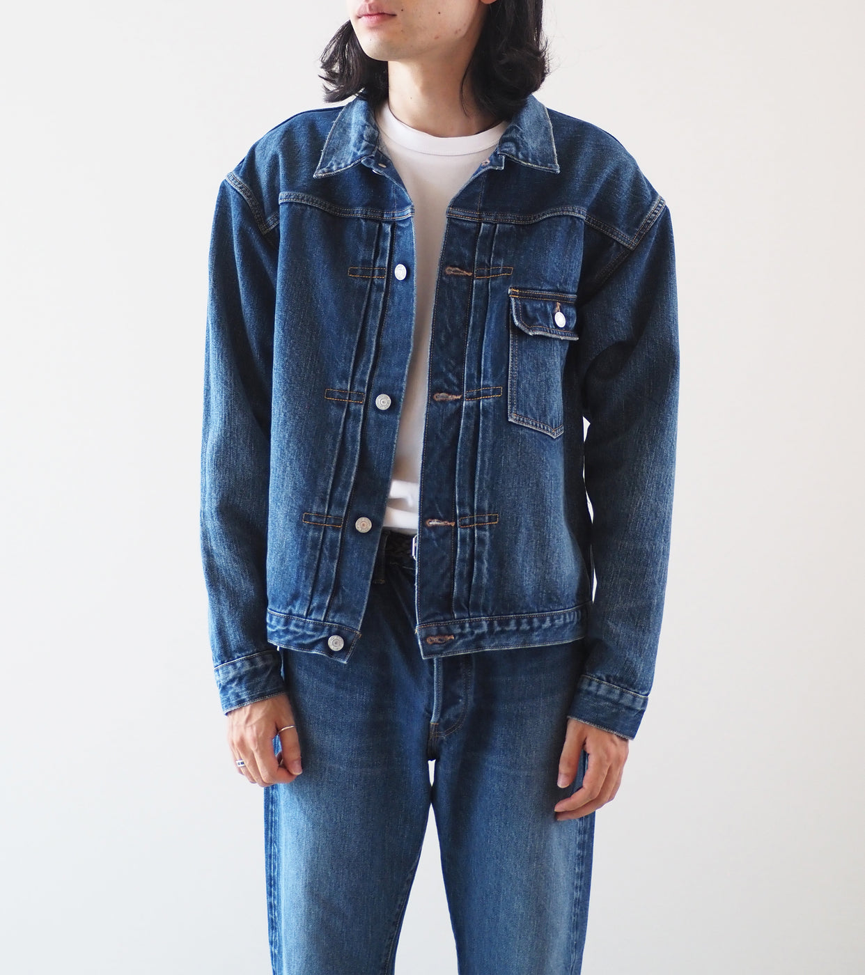 CIOTA New Single Pocket Denim Jacket , Medium Dark Blue(damage)