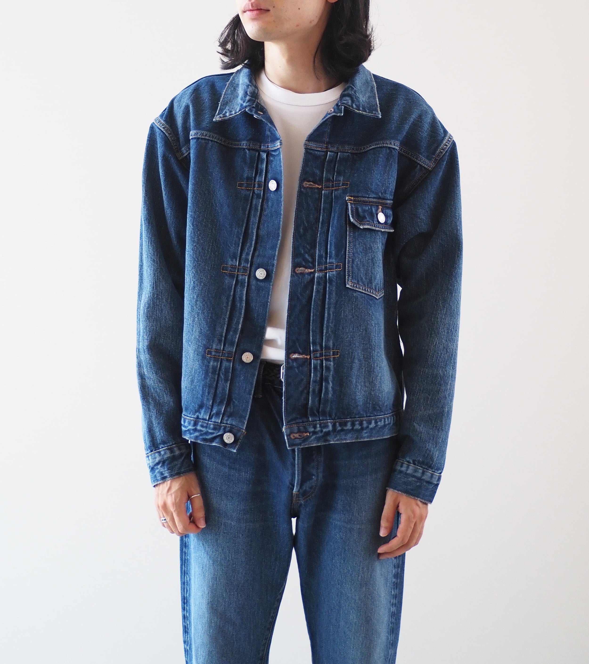 CIOTA New Single Pocket Denim Jacket , Medium Dark Blue(damage)