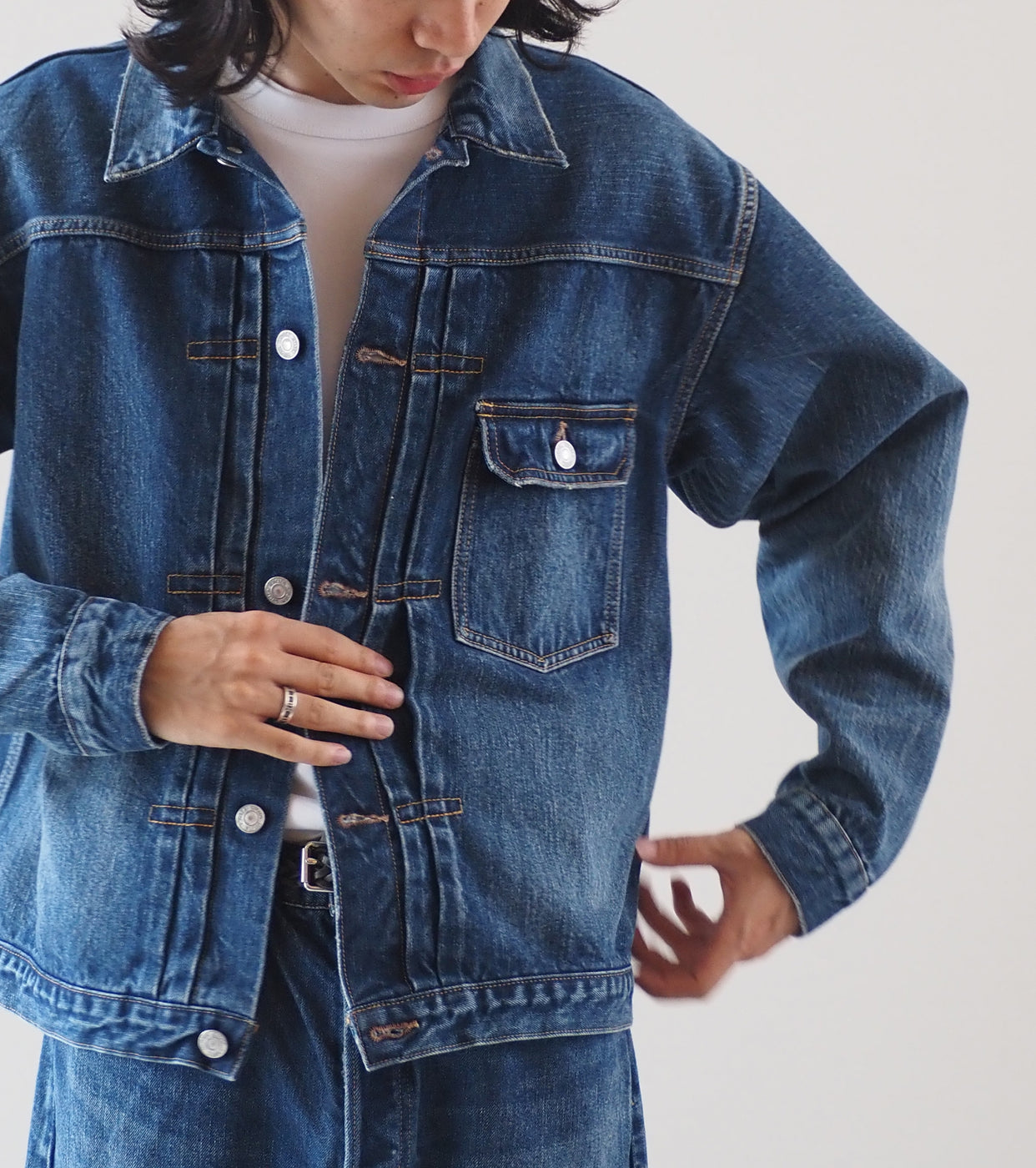 CIOTA New Single Pocket Denim Jacket , Medium Dark Blue(damage)