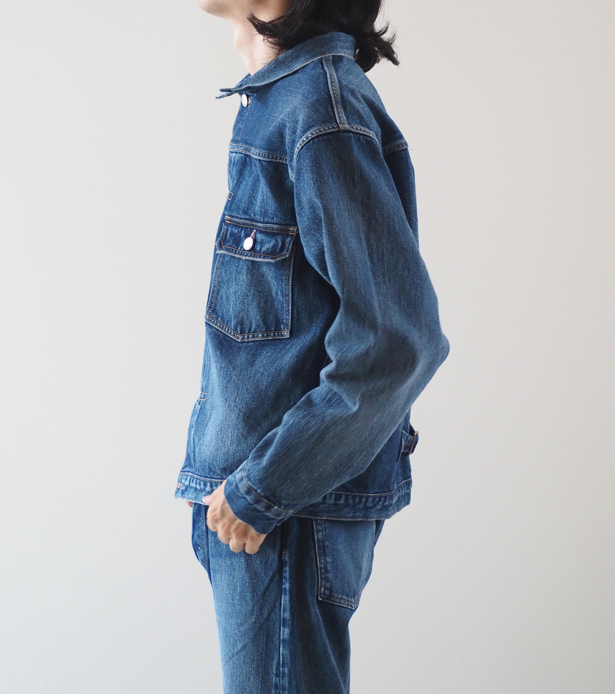 CIOTA New Single Pocket Denim Jacket , Medium Dark Blue(damage)