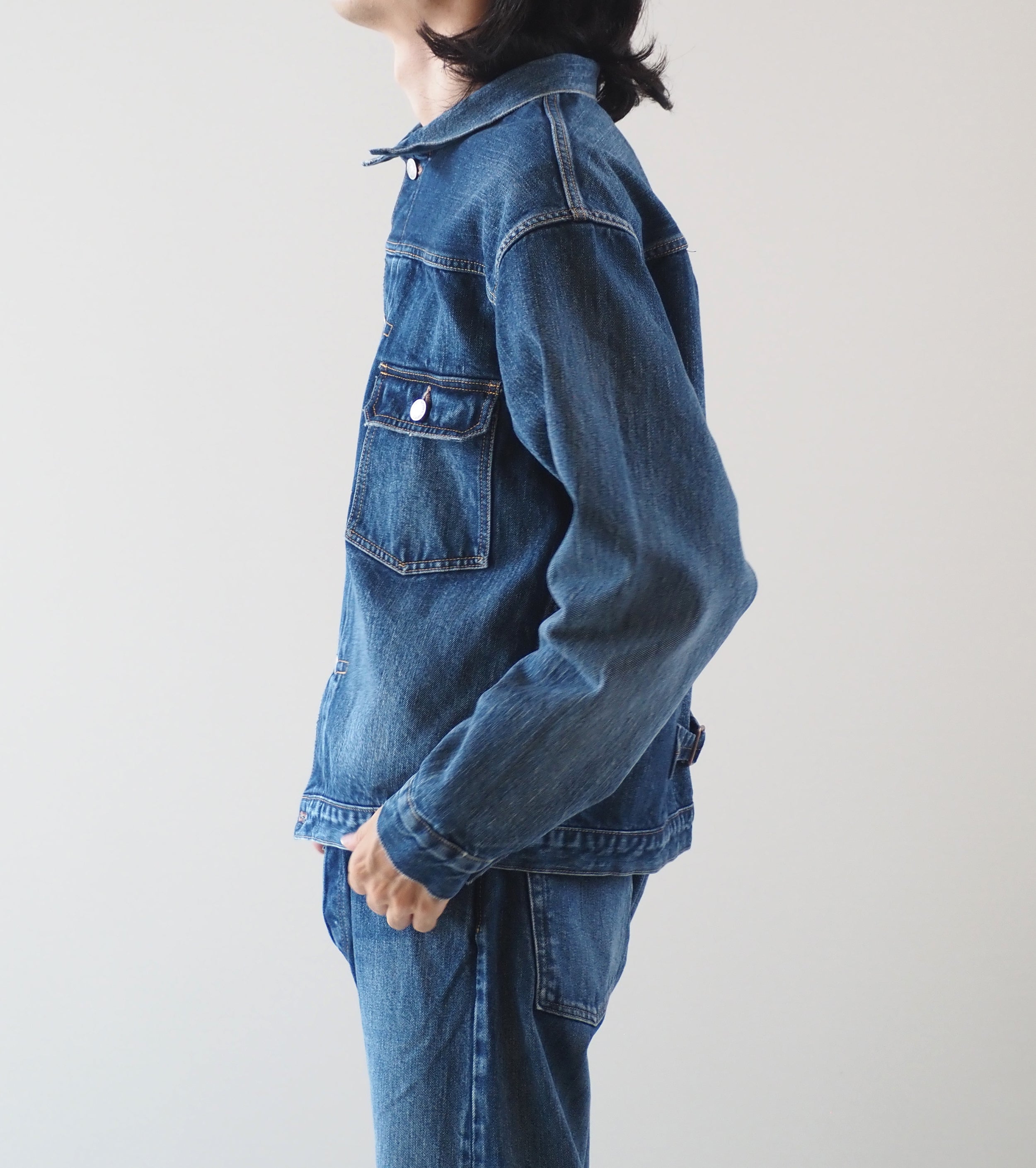 CIOTA New Single Pocket Denim Jacket , Medium Dark Blue(damage)