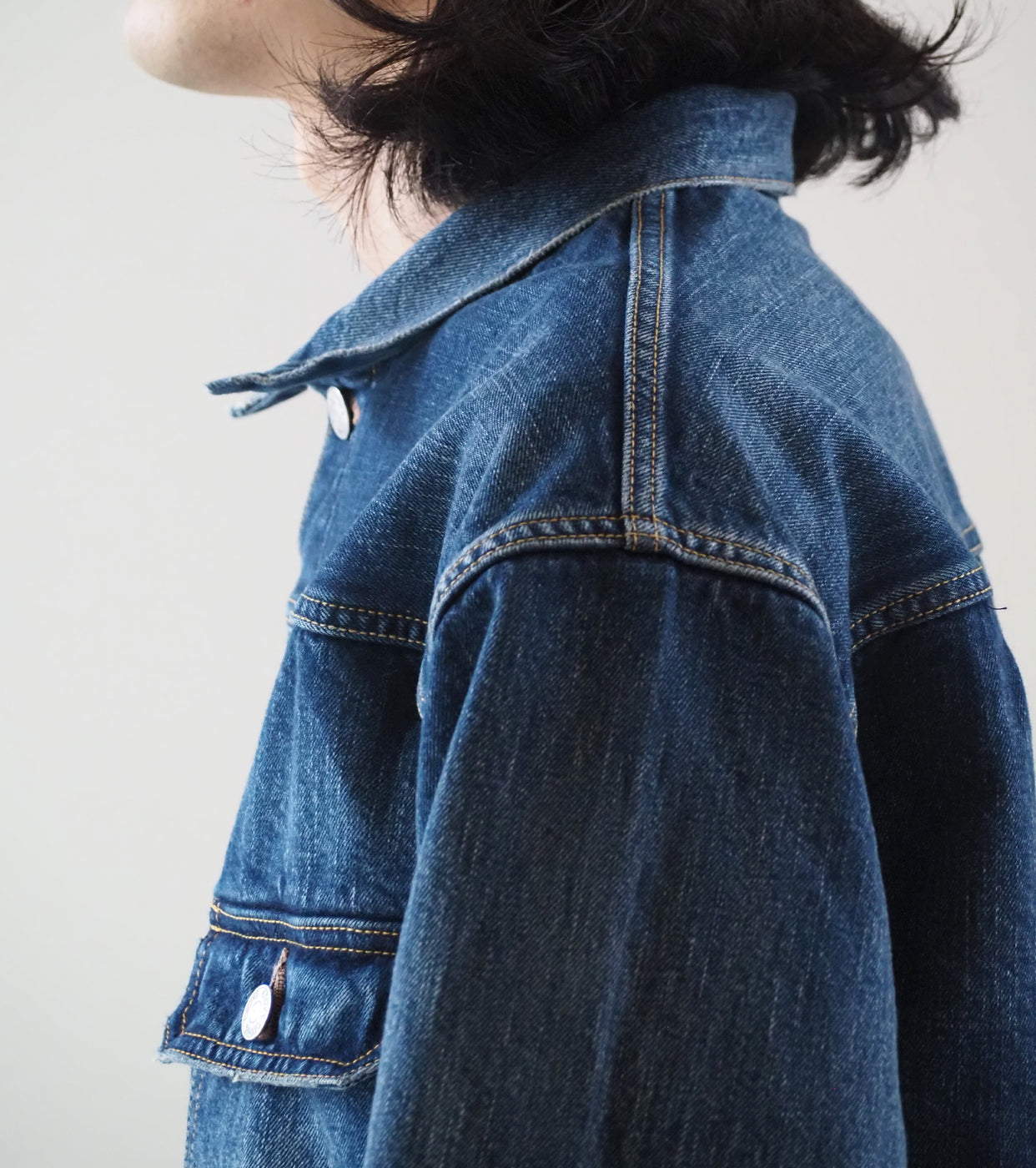 CIOTA New Single Pocket Denim Jacket , Medium Dark Blue(damage)