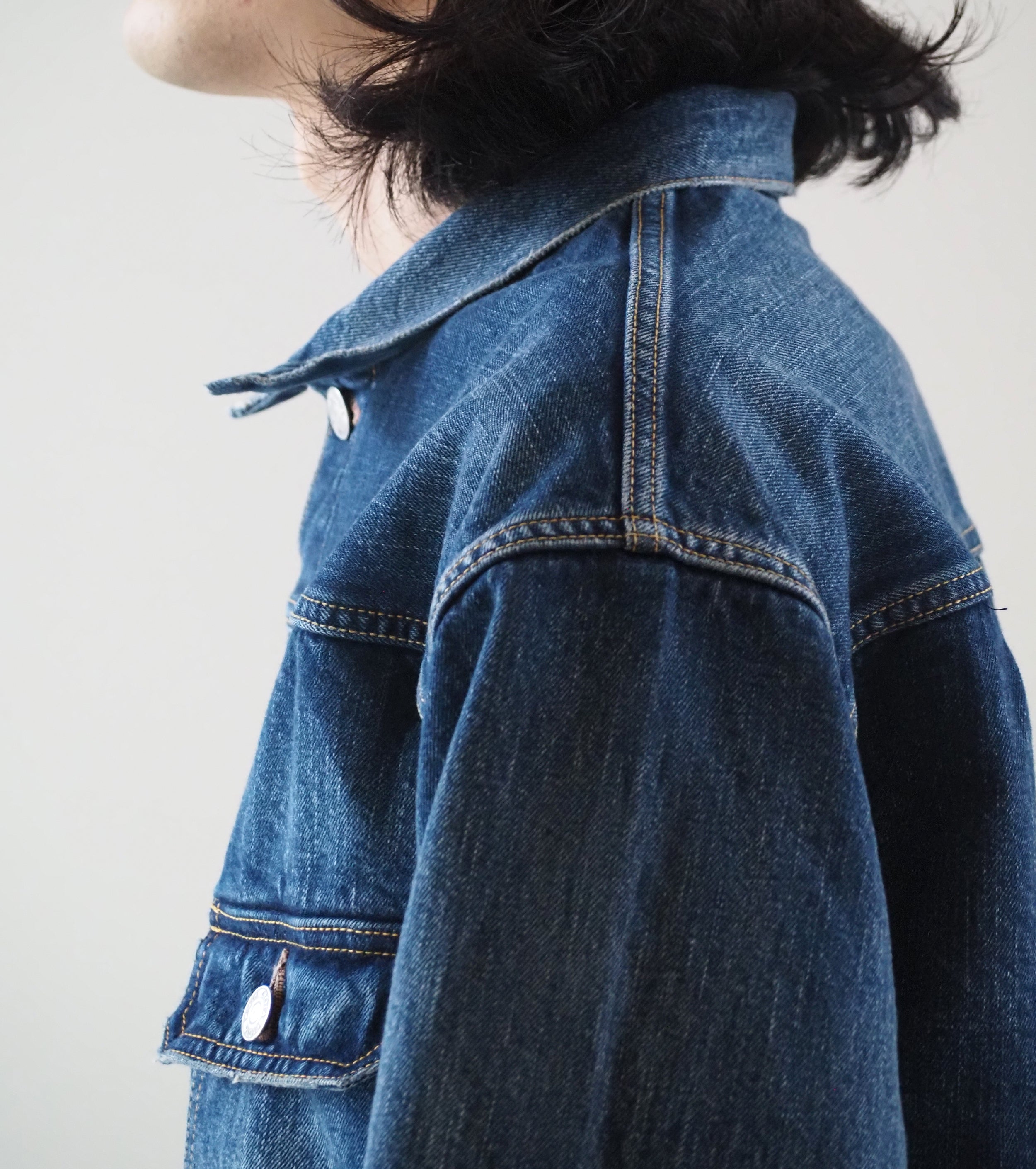 CIOTA New Single Pocket Denim Jacket , Medium Dark Blue(damage)