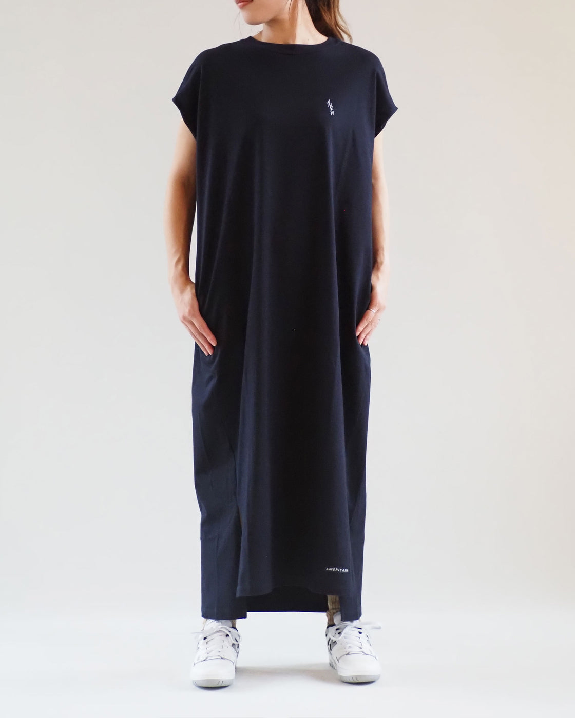 Sleeveless Wide Dress Seam Pockets, Navy