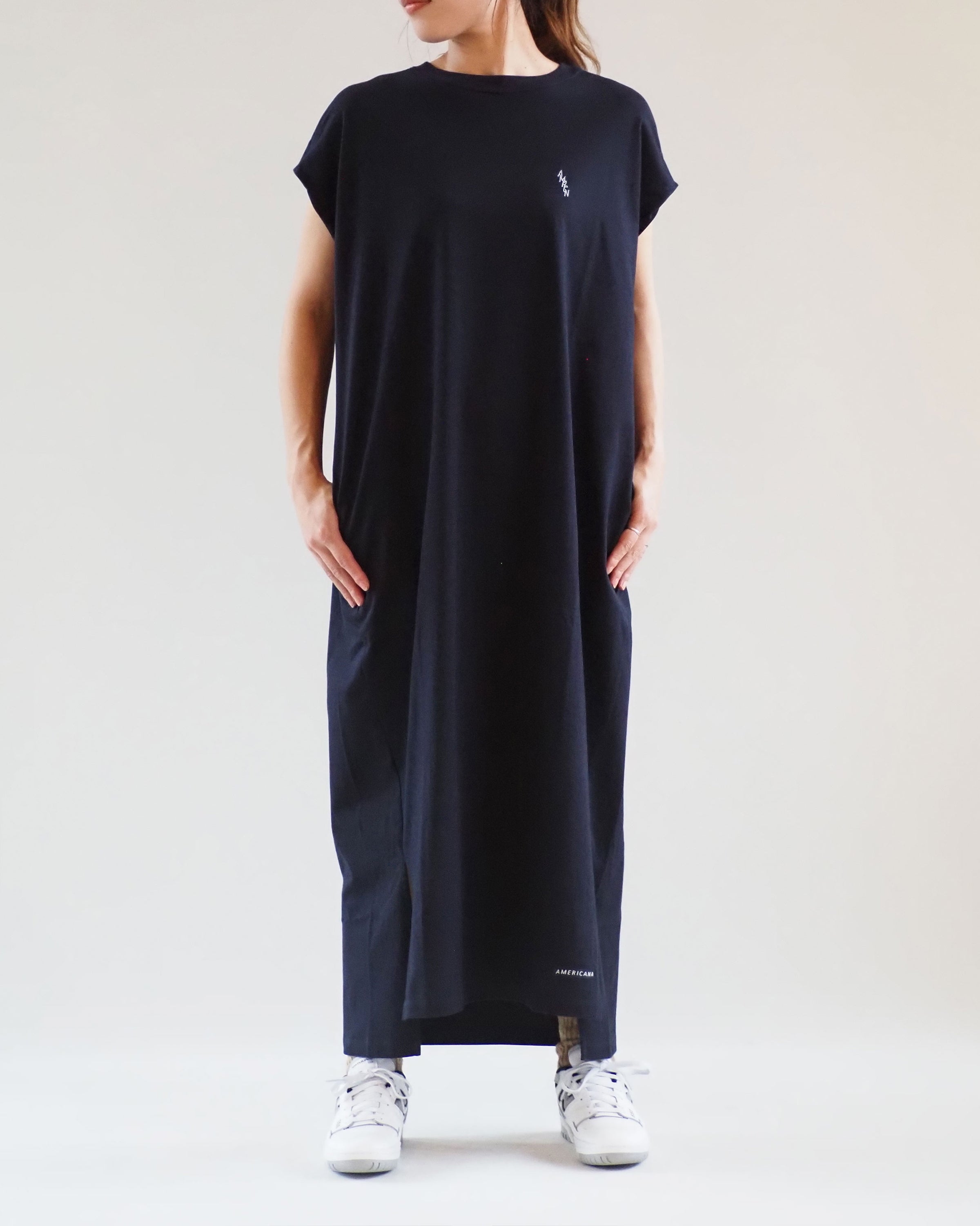 Sleeveless Wide Dress Seam Pockets, Navy