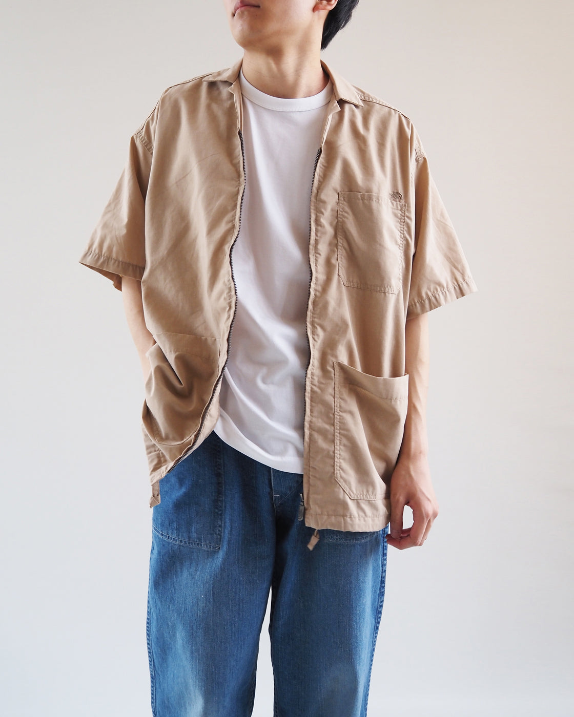Polyester Linen Field Half-Sleeve Zip Shirt, Beige