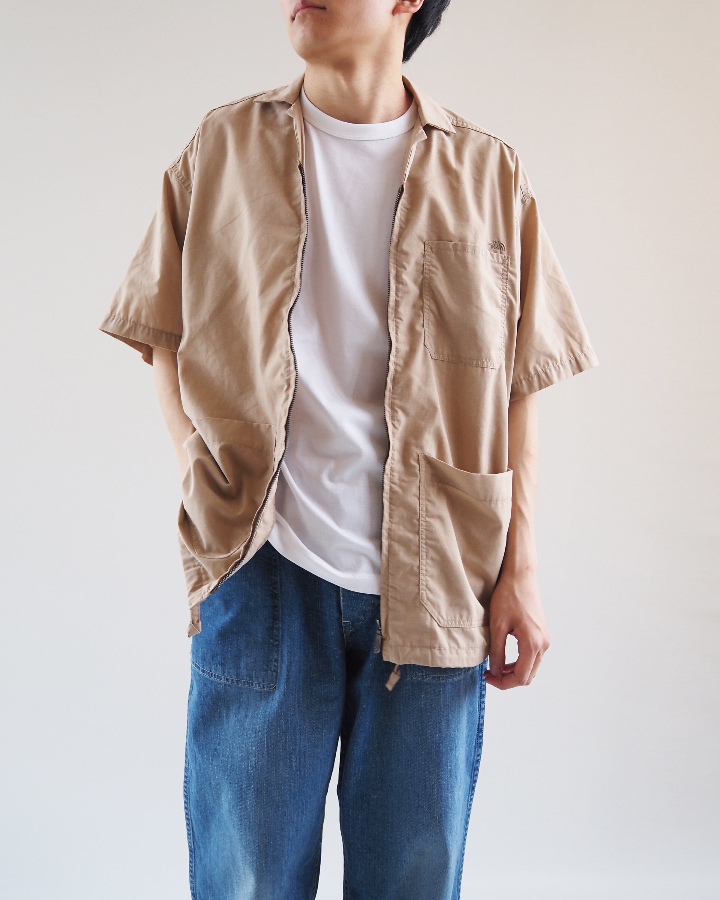 Polyester Linen Field Half-Sleeve Zip Shirt, Beige