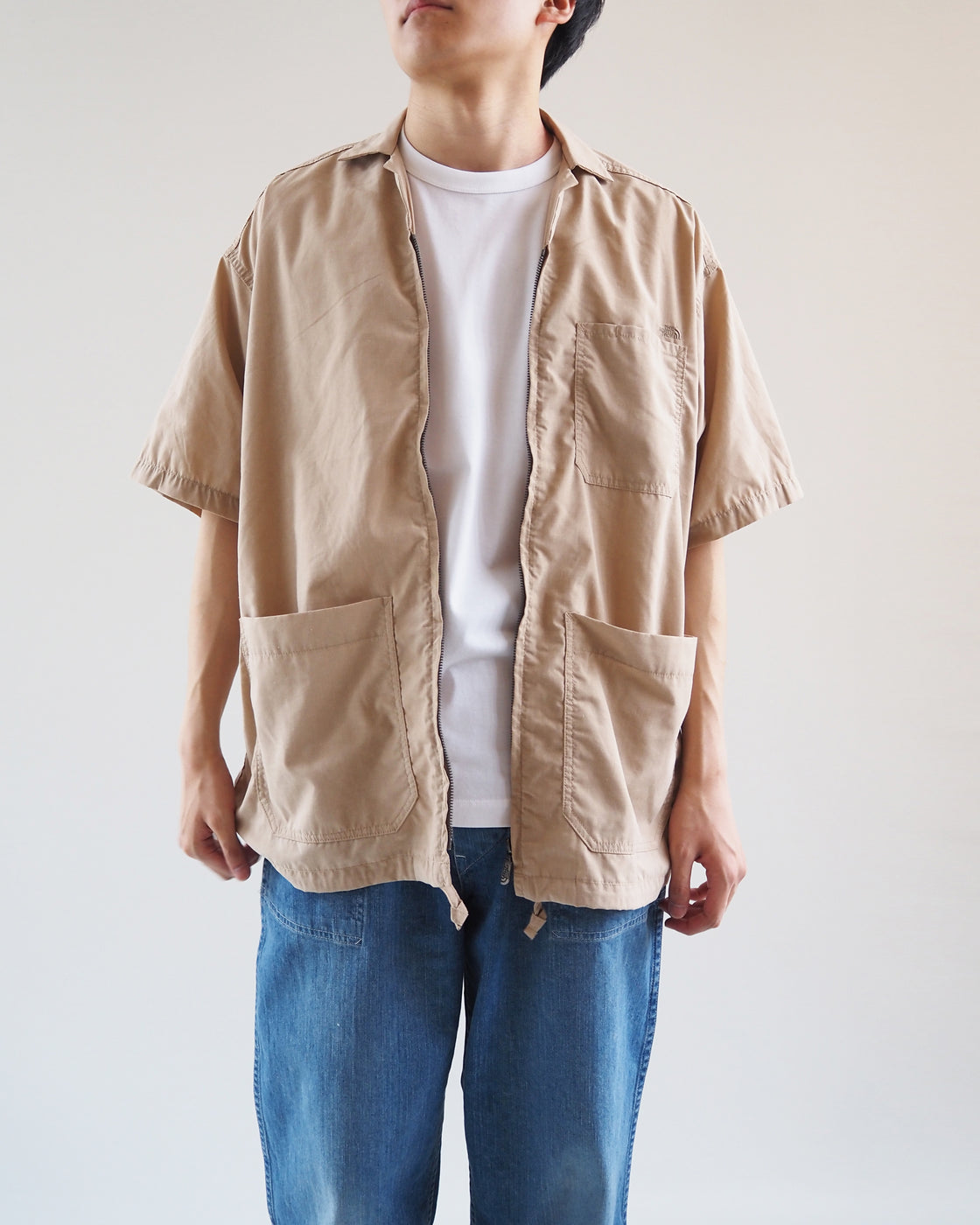 Polyester Linen Field Half-Sleeve Zip Shirt, Beige