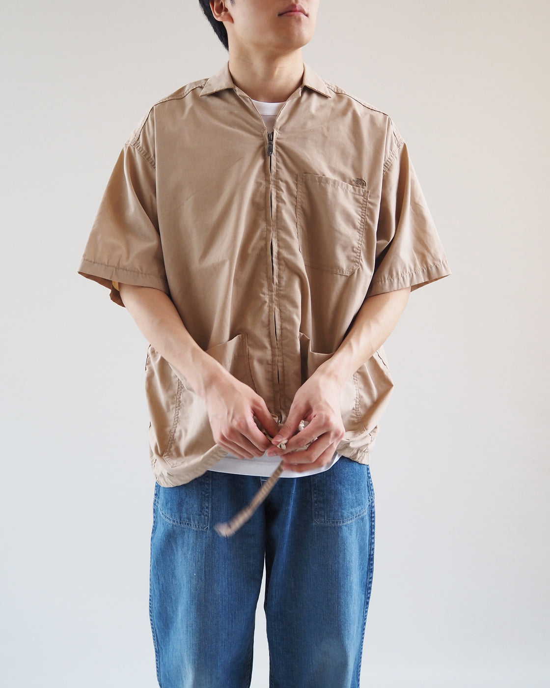 Polyester Linen Field Half-Sleeve Zip Shirt, Beige
