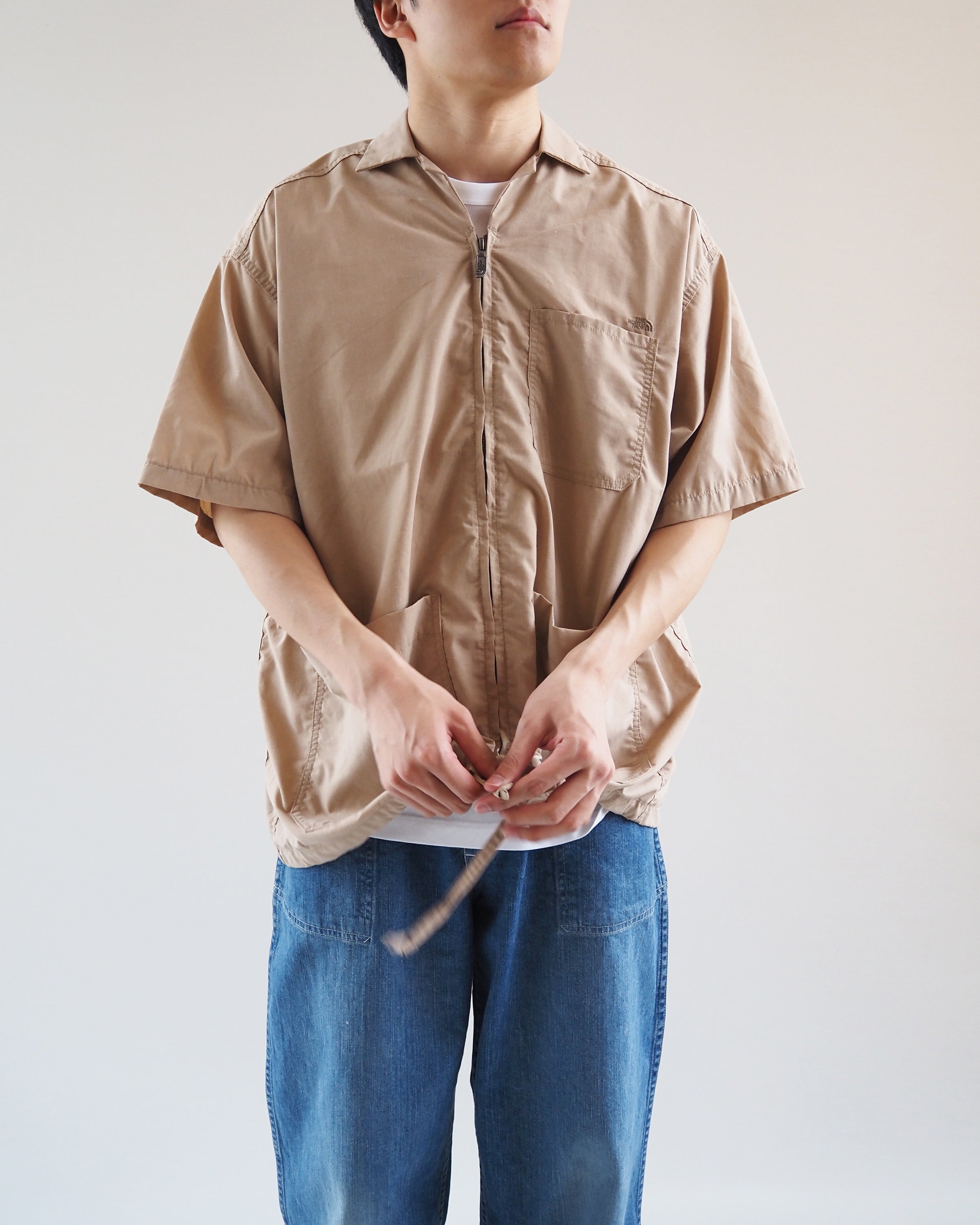 Polyester Linen Field Half-Sleeve Zip Shirt, Beige