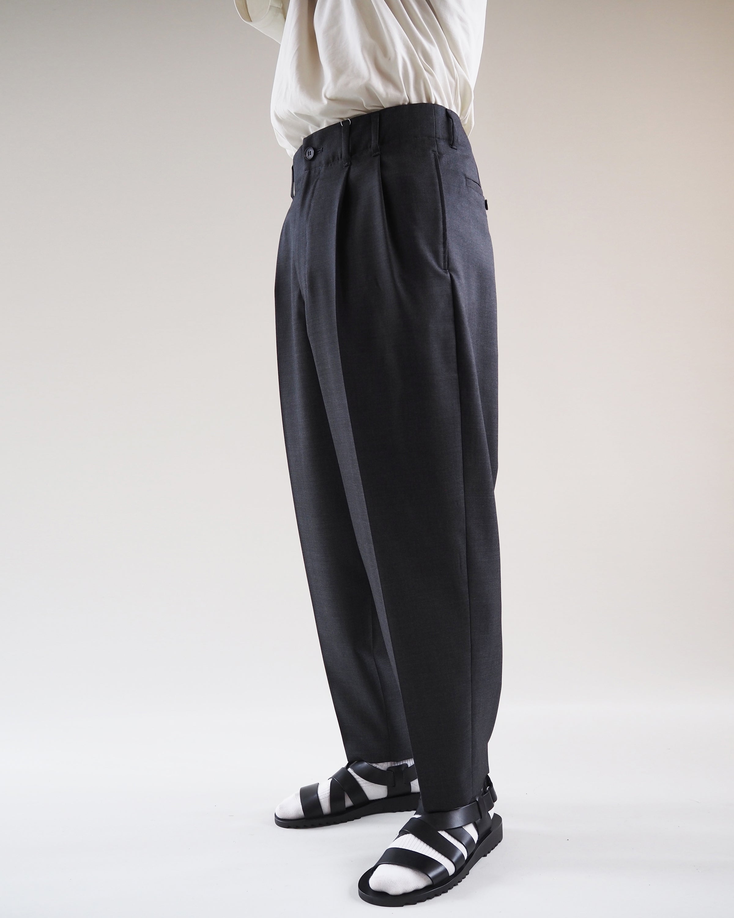 Summer Wool Gabardine Two-Tuck Wide Tapered Pants, Charcoal Top