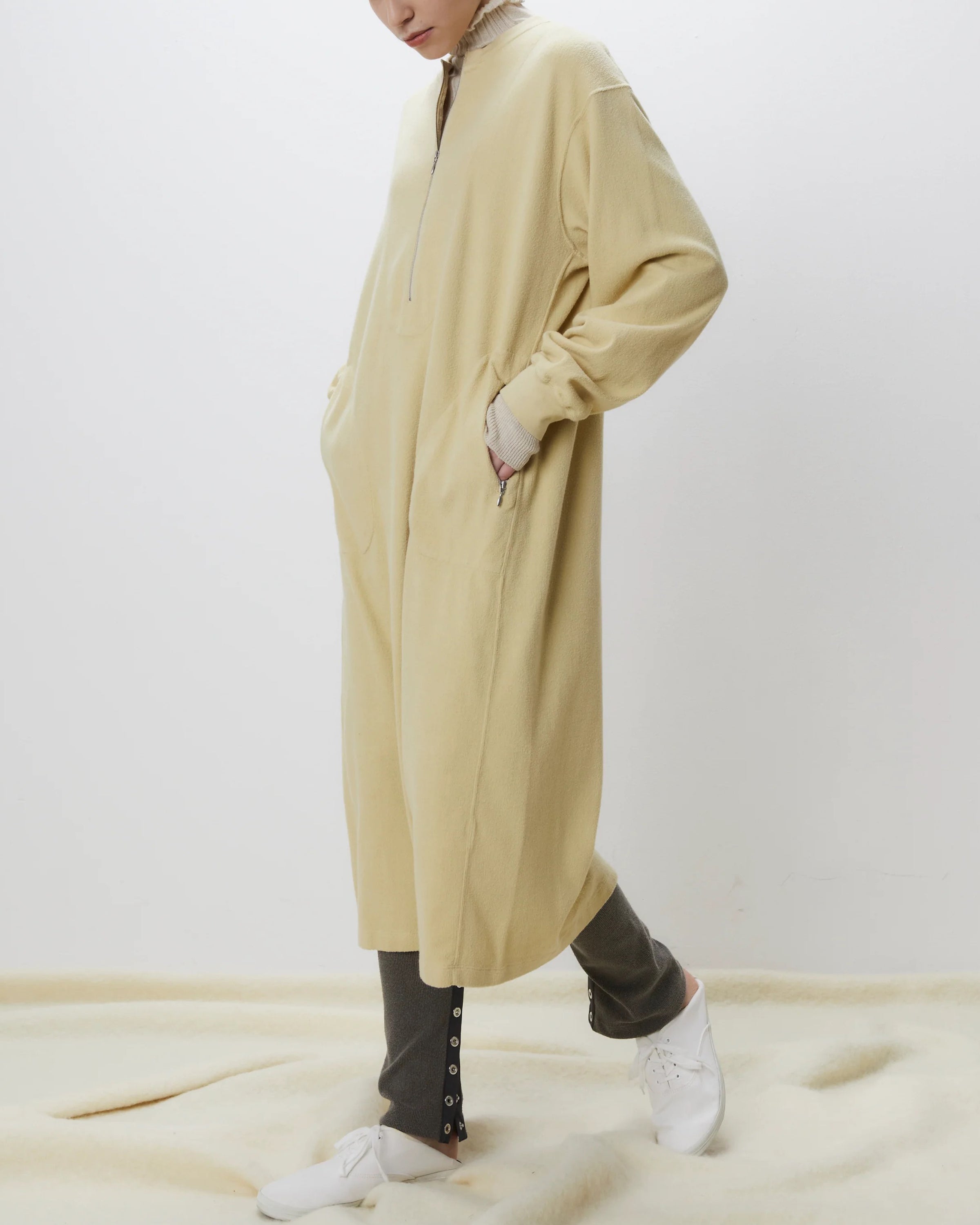 egyptian cotton brushed pile-jersey half zip dress,Butter