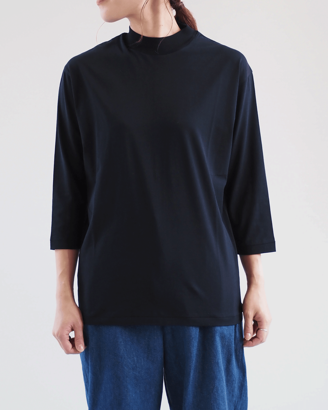 Mock Neck 3/4 Sleeve Tee,Black