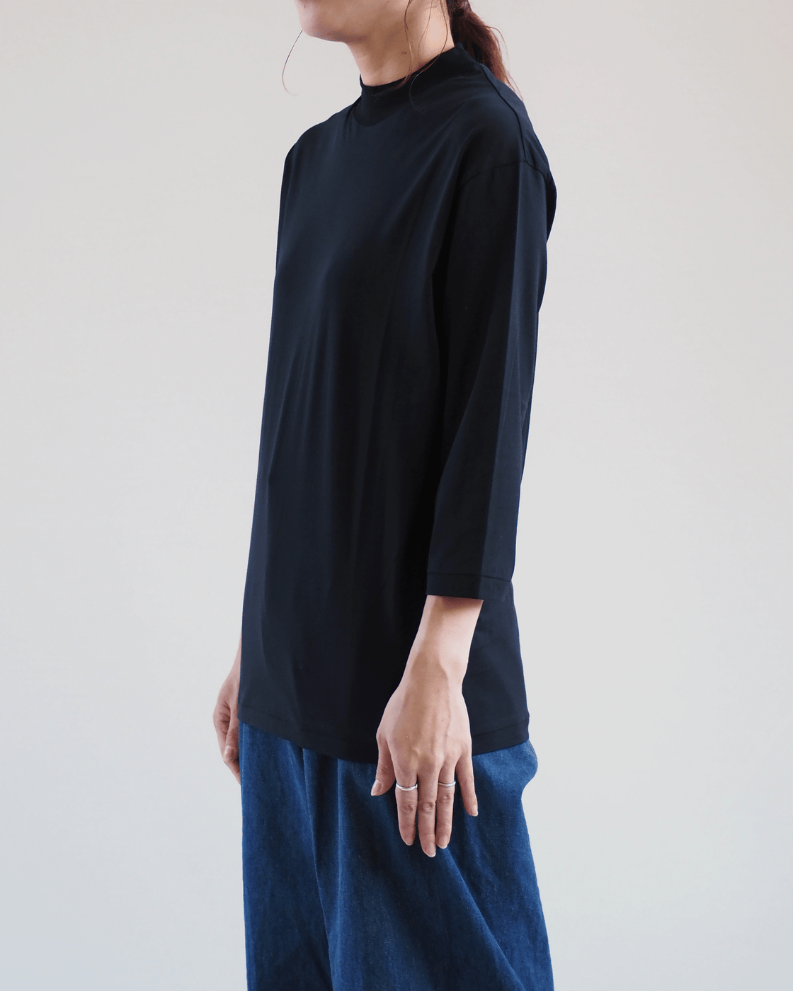 Mock Neck 3/4 Sleeve Tee,Black