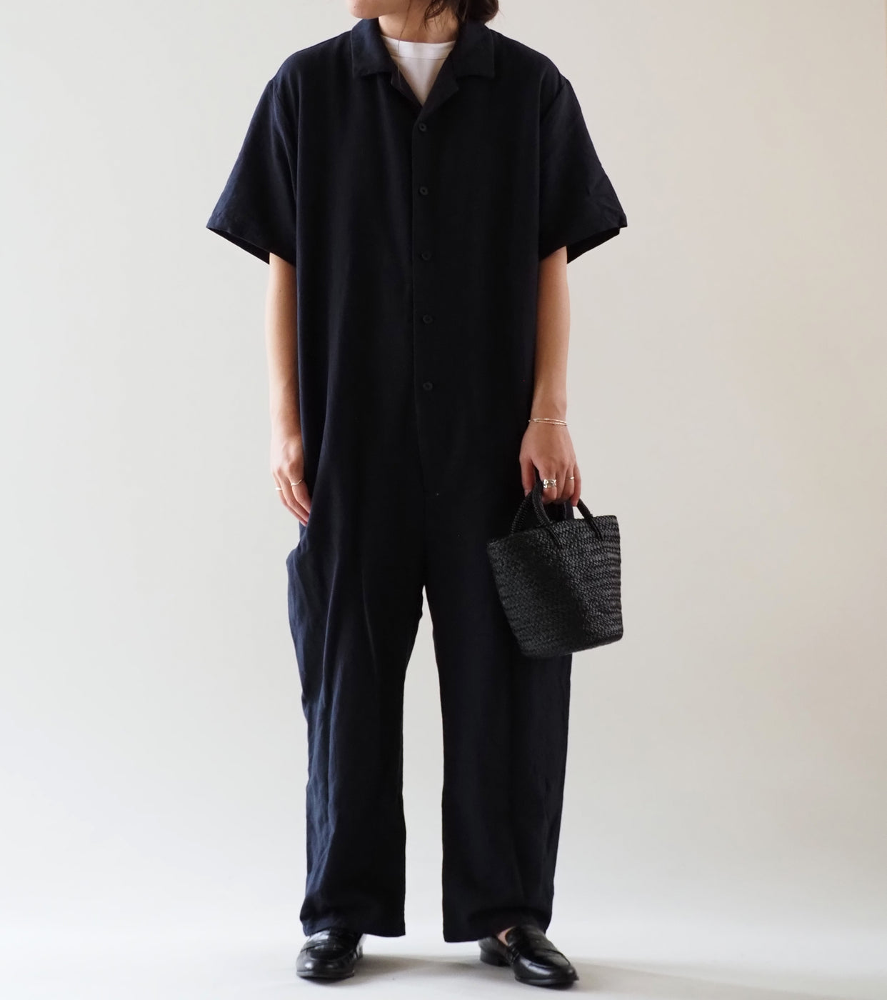YAECA CONTEMPO Open Collar Jampsuits Short Sleaves,, Kusaki Navy