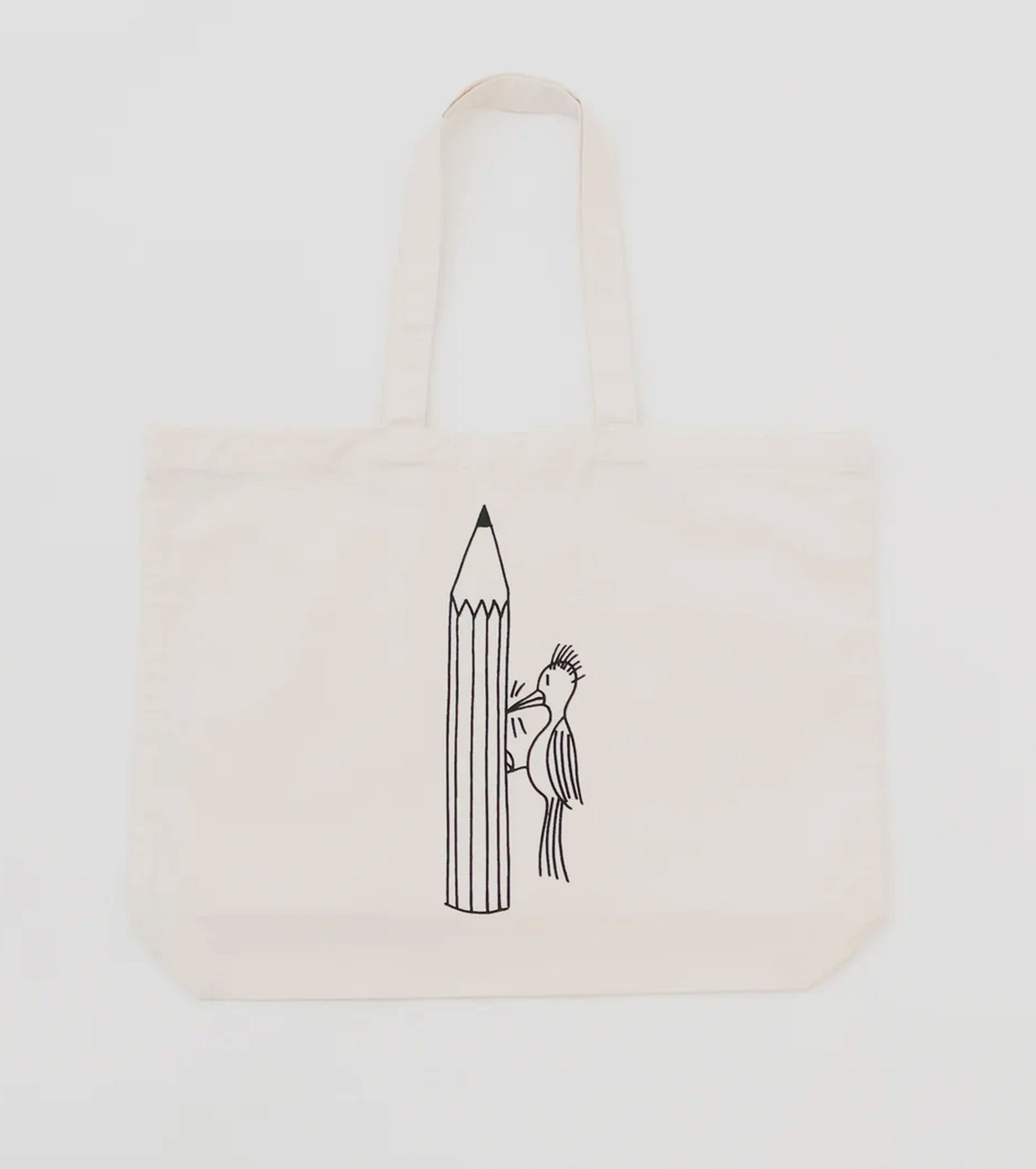 YAECA プリントバッグ M (PENCIL) , Natural – Navyblue