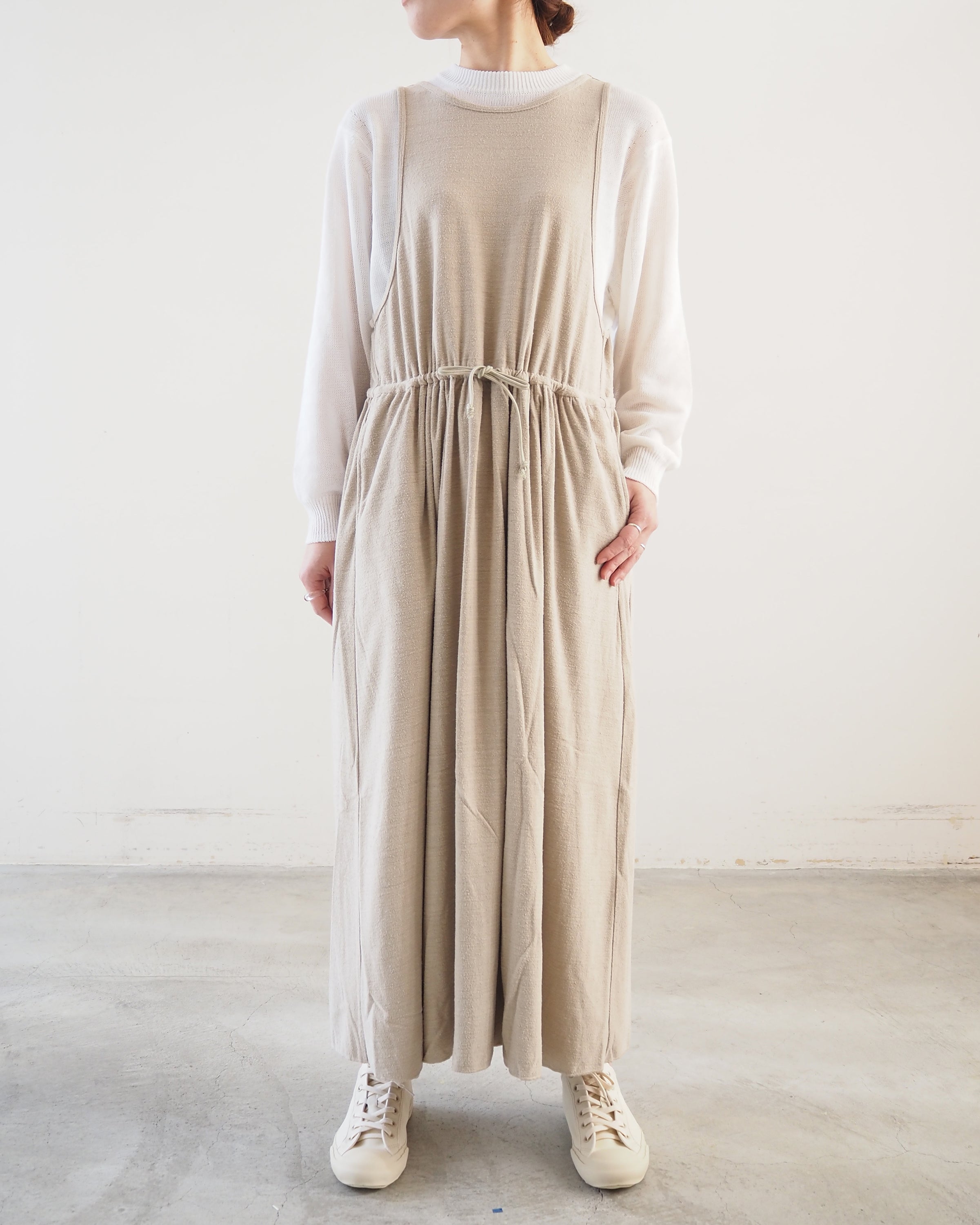 raw silk plain-jersey gathered dress, Flax Beige