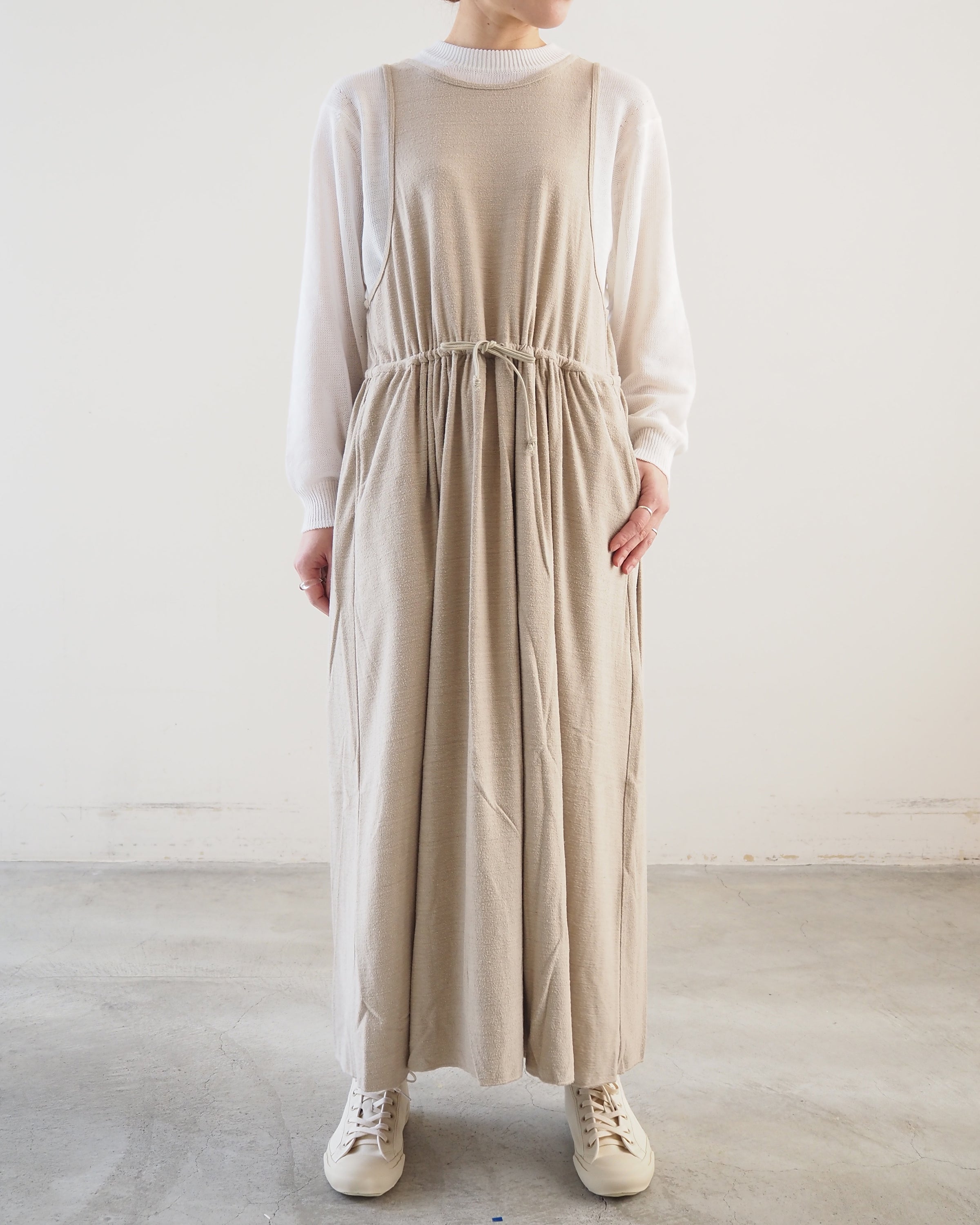 raw silk plain-jersey gathered dress, Flax Beige