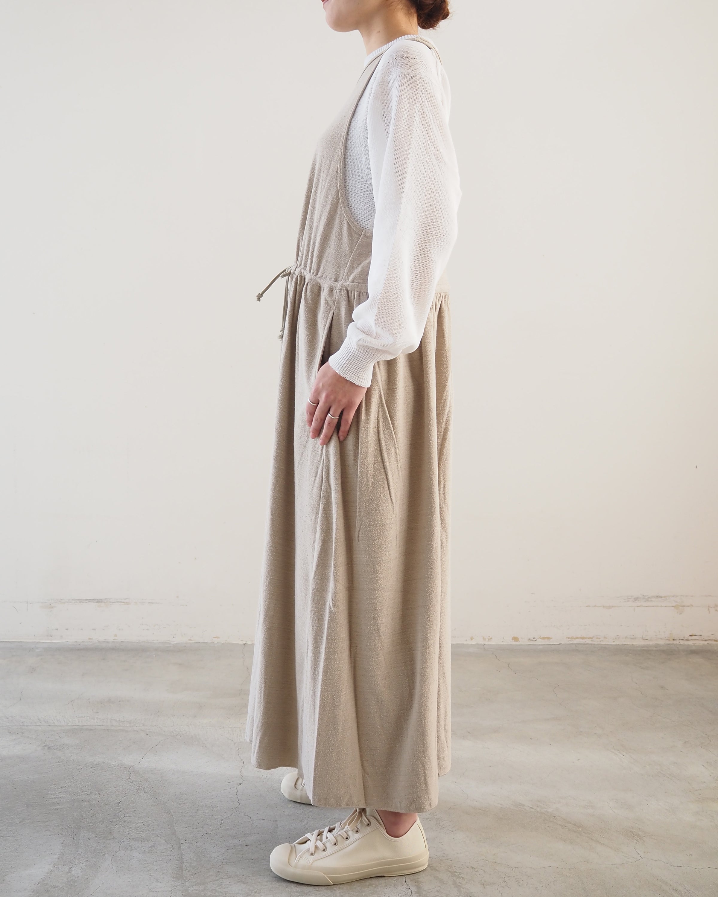 raw silk plain-jersey gathered dress, Flax Beige