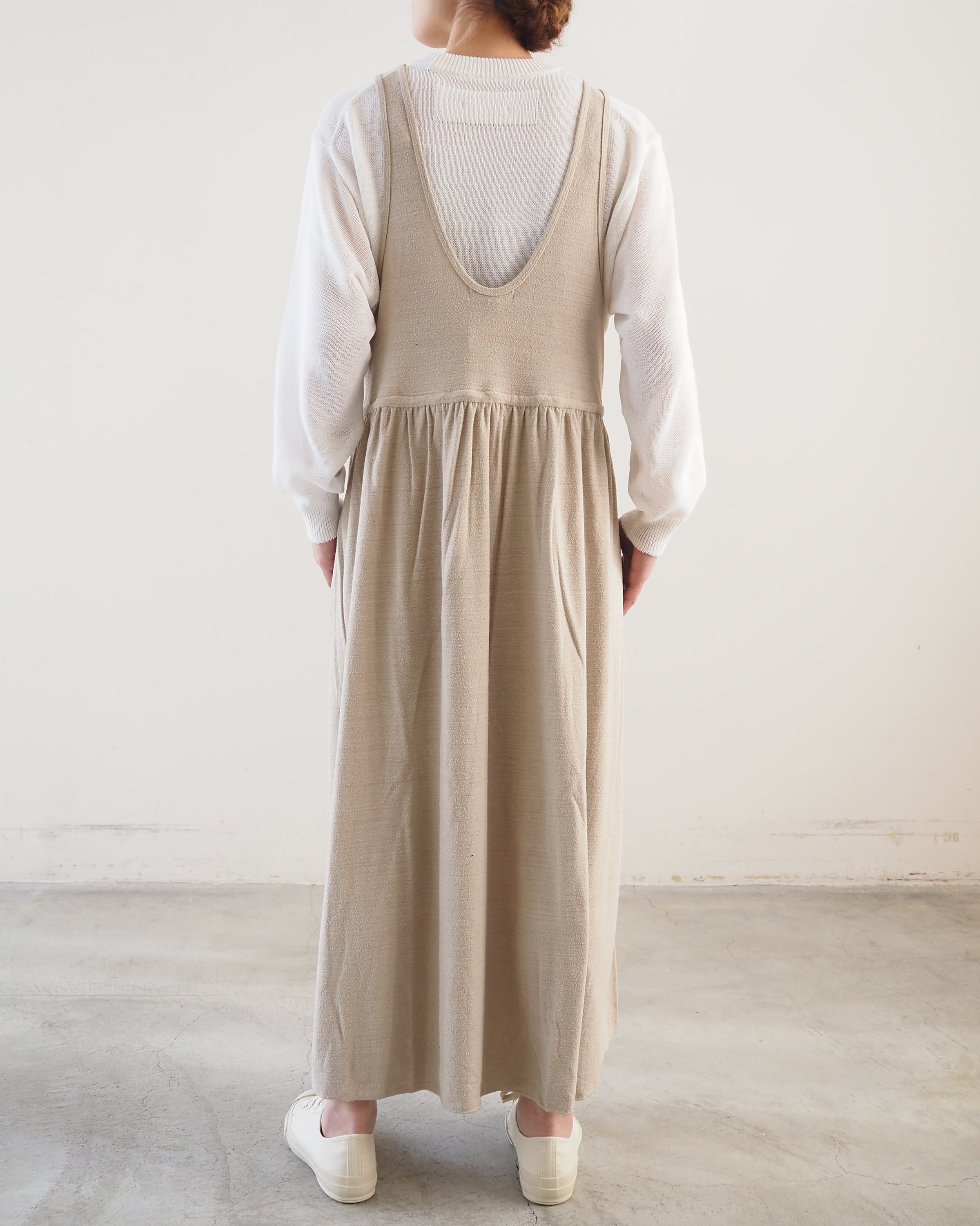 raw silk plain-jersey gathered dress, Flax Beige