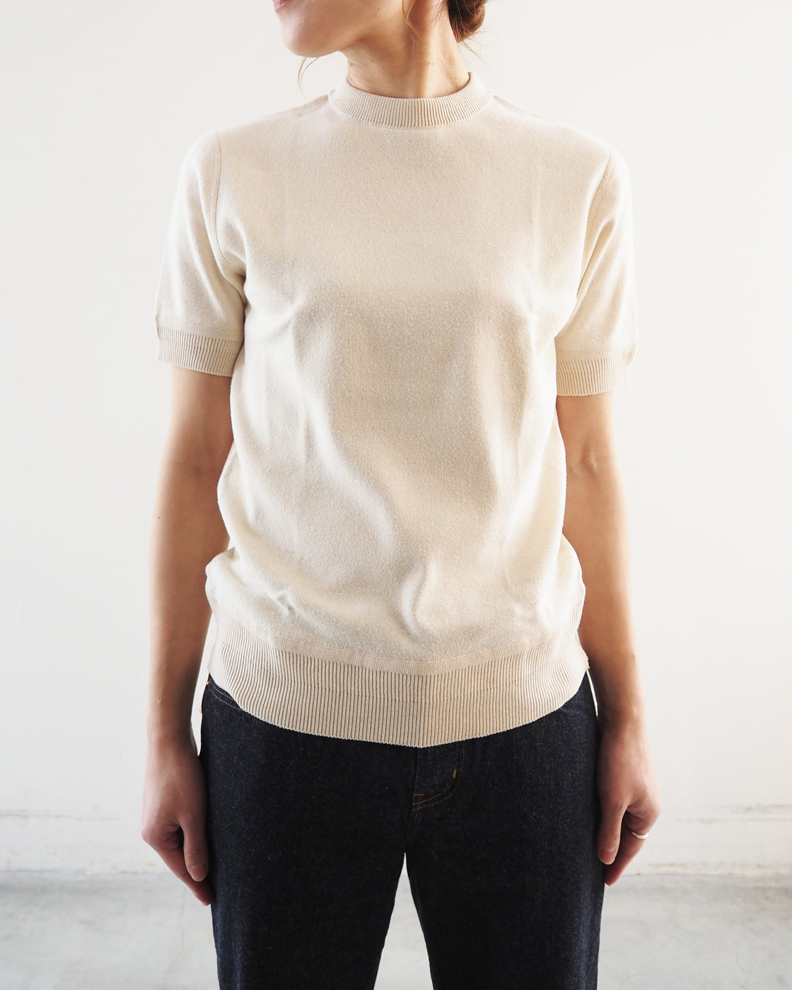 Cotton rib crew neck compact short sleeve, Natural