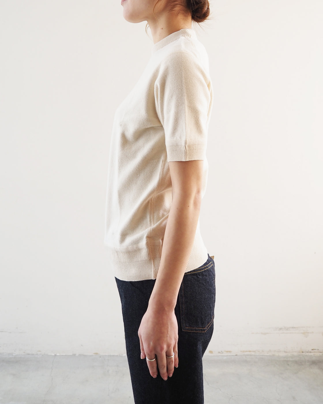 Cotton rib crew neck compact short sleeve, Natural