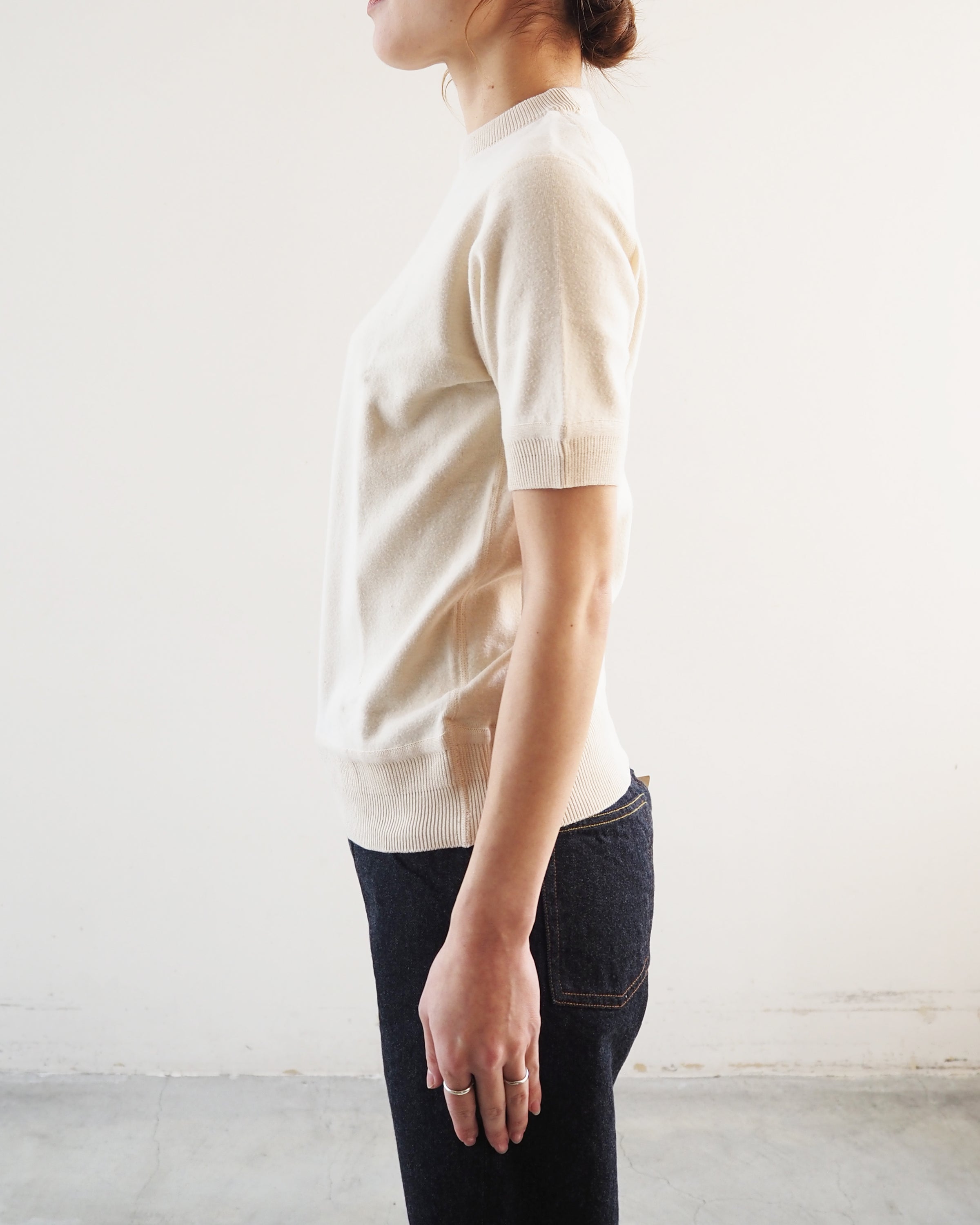 Cotton rib crew neck compact short sleeve, Natural