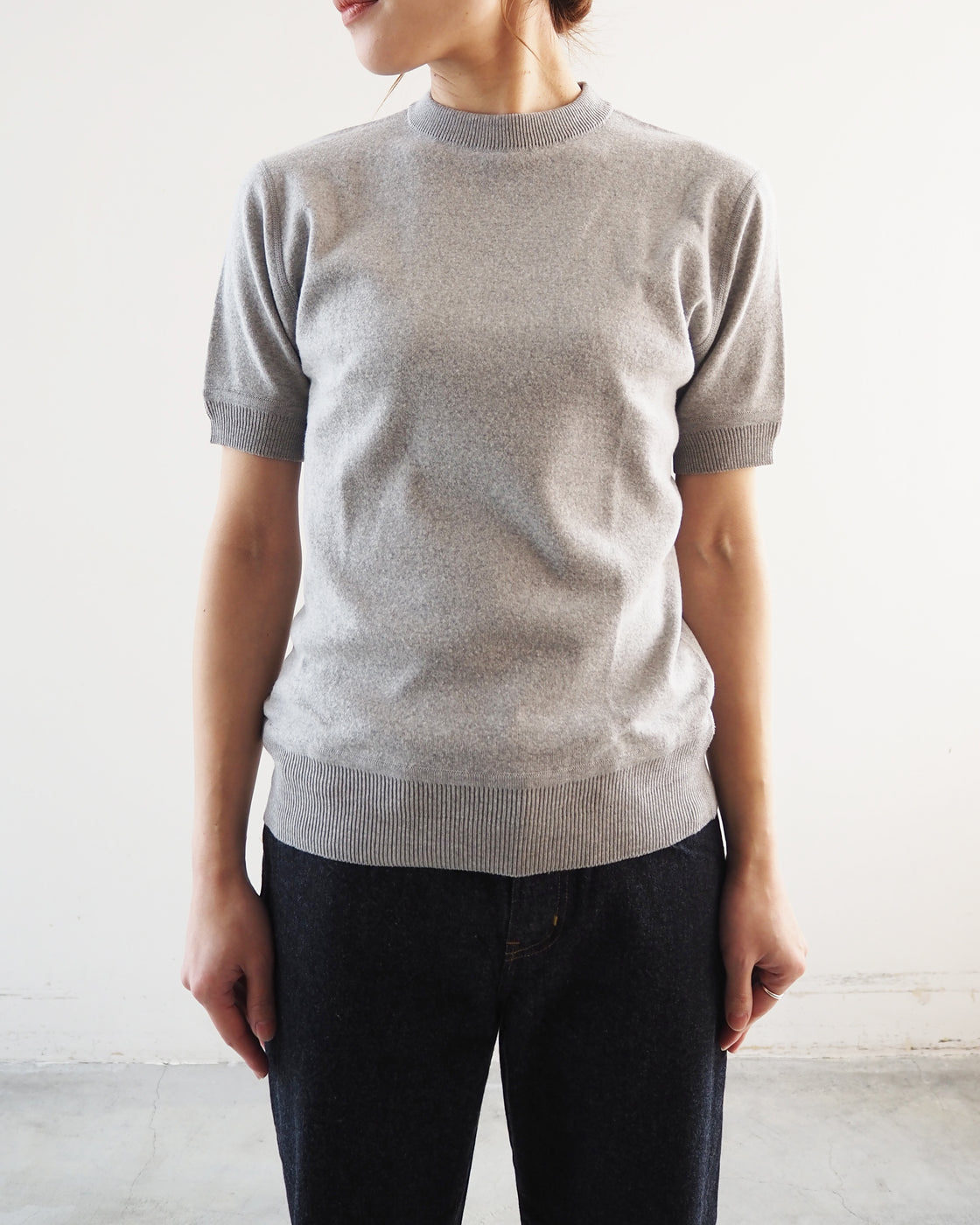 Cotton rib crew neck compact short sleeve, Gray