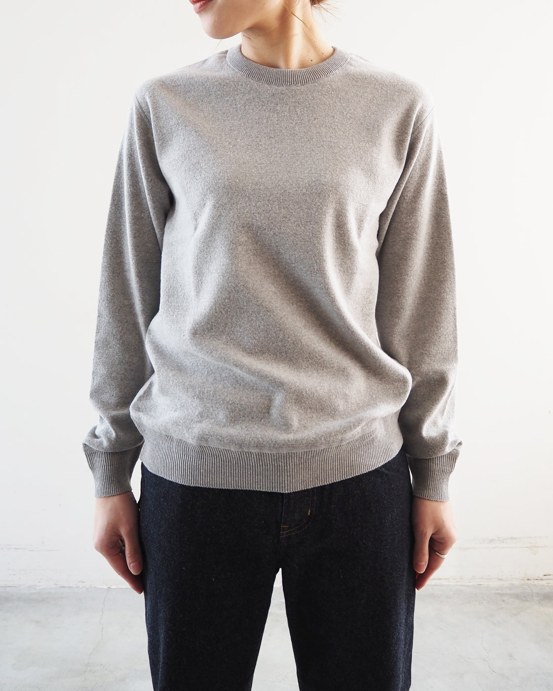Cotton Ribbed Crew Neck Ribbed Hem Long Sleeve, Gray