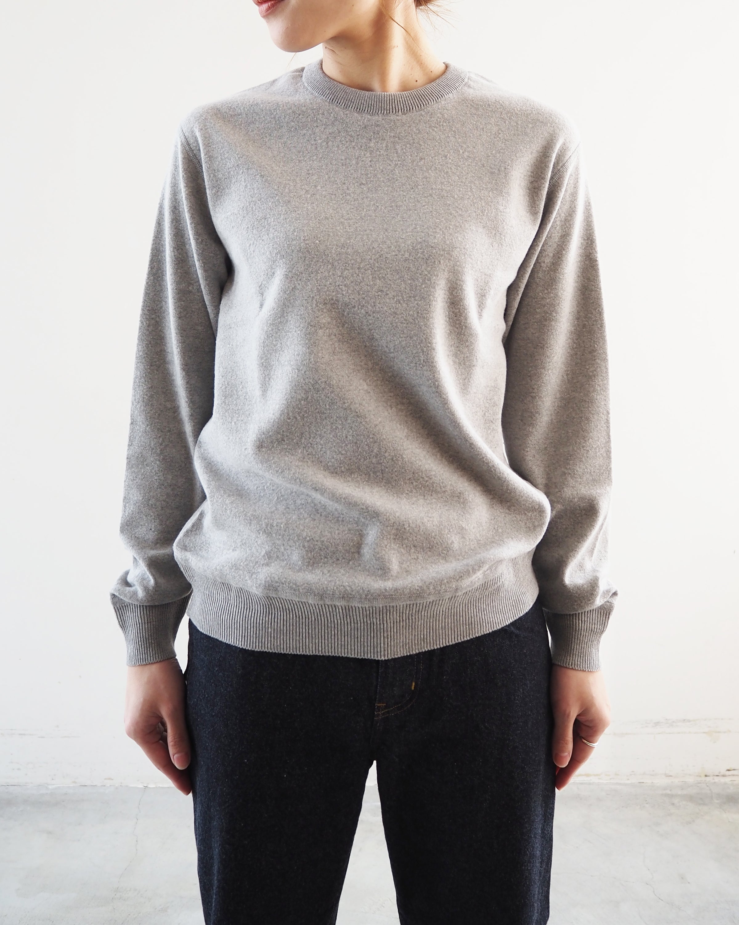 Cotton Ribbed Crew Neck Ribbed Hem Long Sleeve, Gray