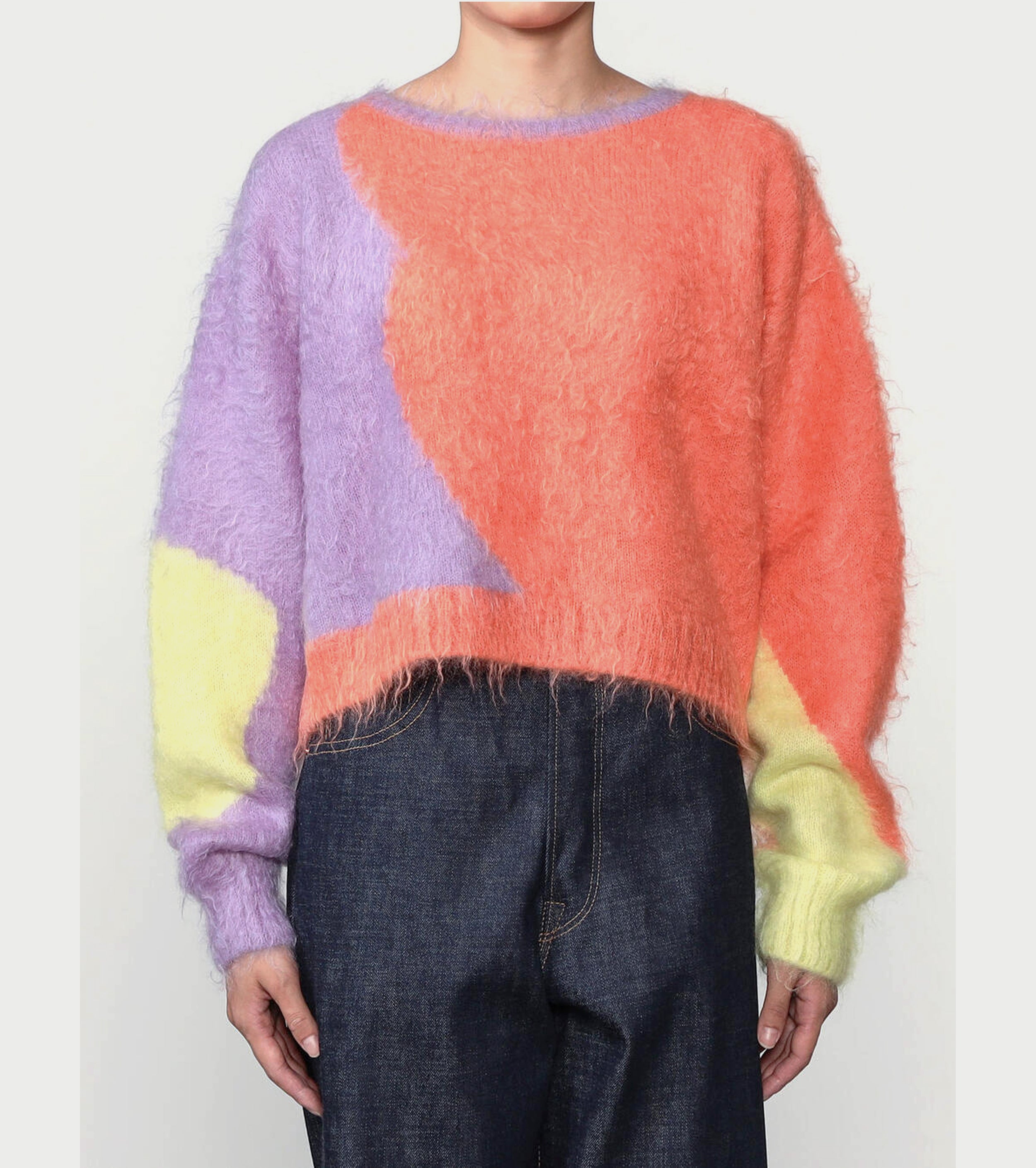 A MENDA Intarsia Mohair Shaggy Knit Sweater , Salmon x Lavender