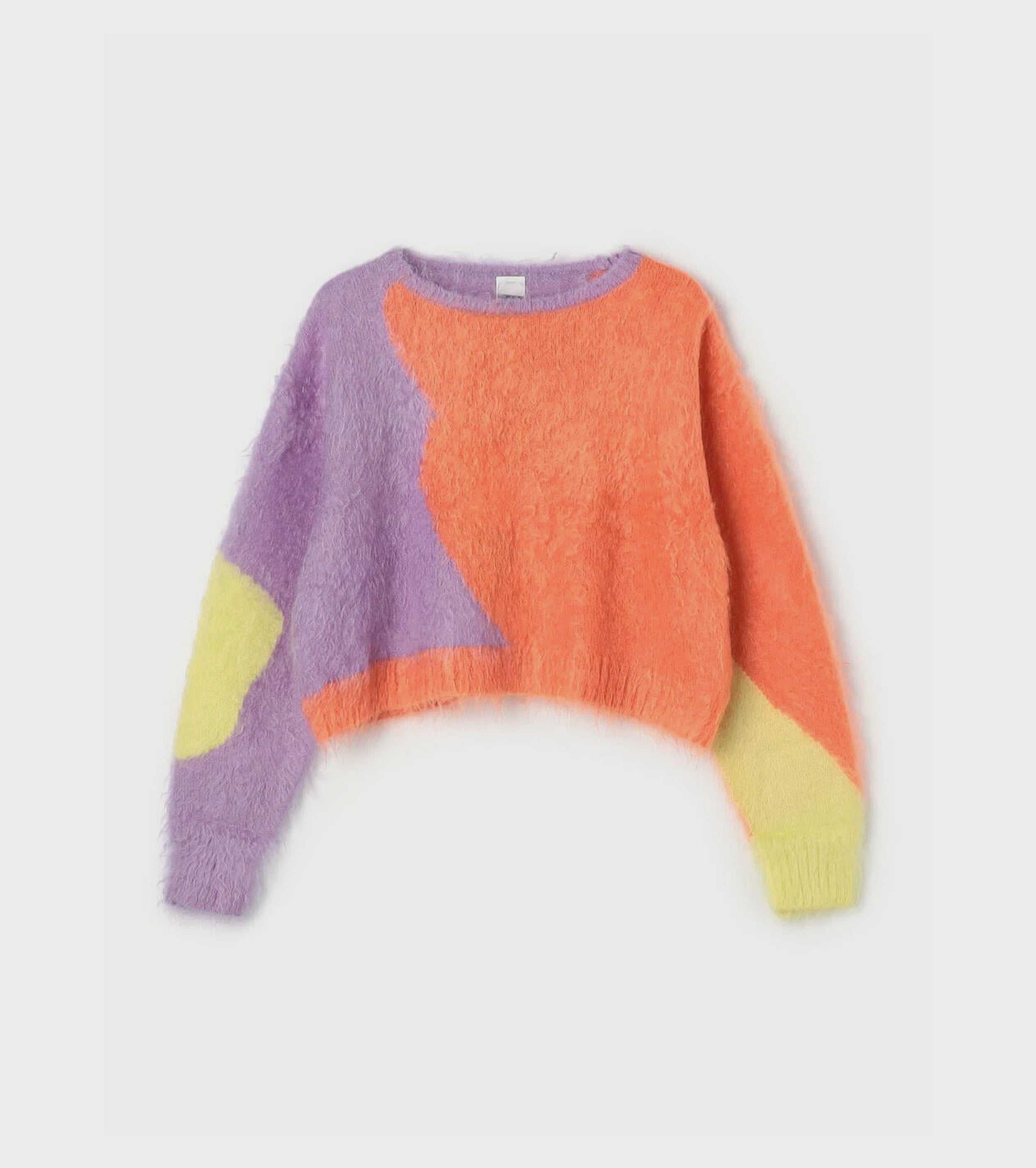 A MENDA Intarsia Mohair Shaggy Knit Sweater , Salmon x Lavender