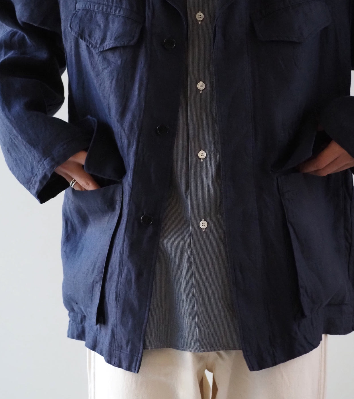 BAUTH リネン ミリタリー ジャケット , Navy