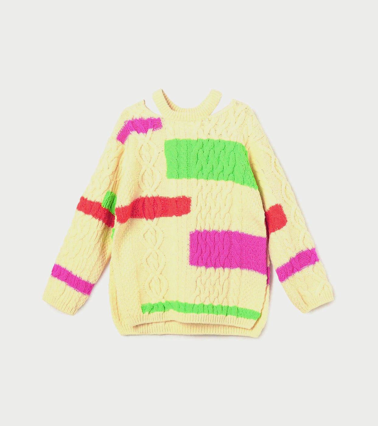 A MENDA Classic Cable With Neon Color Sweater , Off White