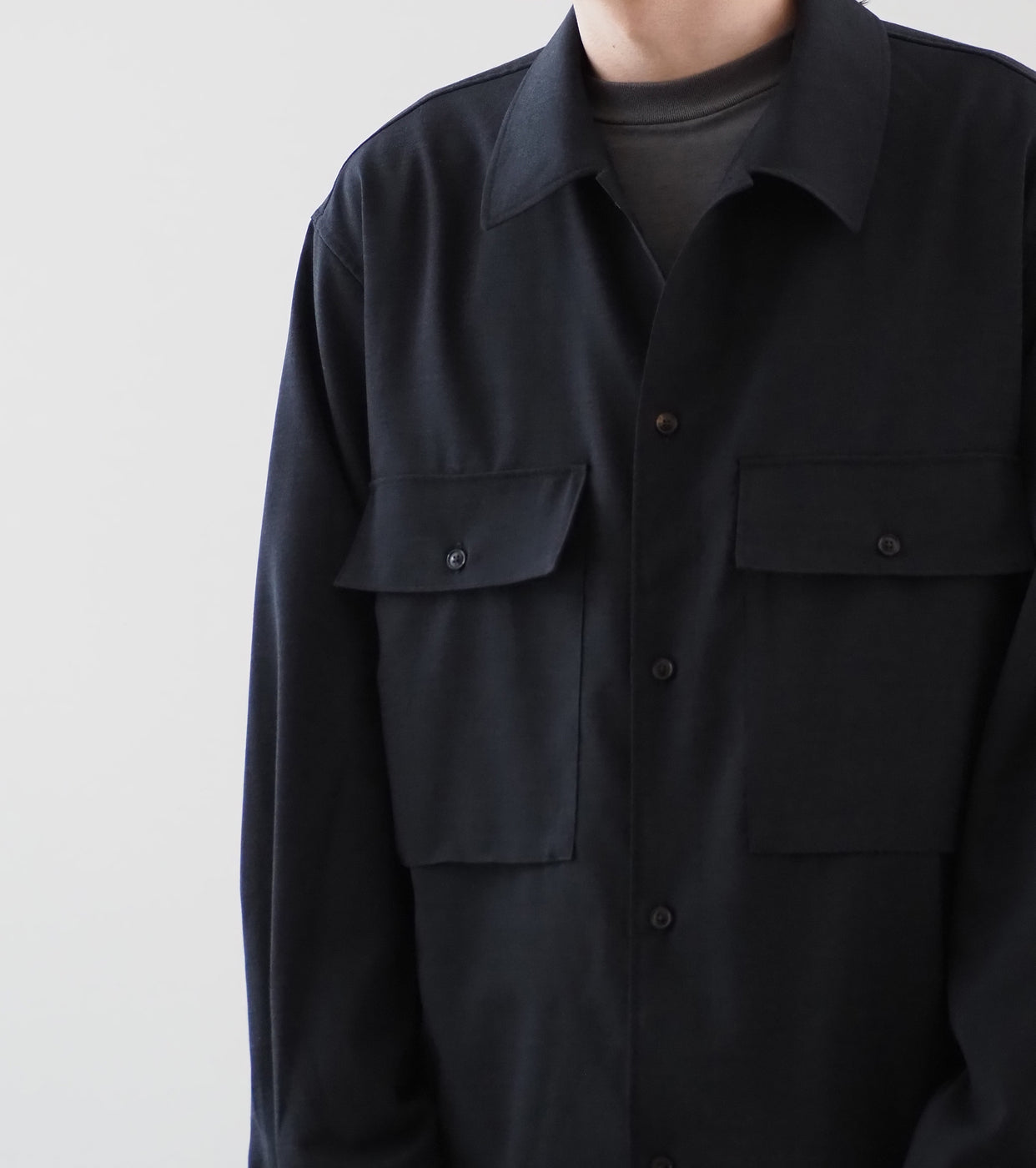 Blurhms Washed Wool Voile Military Shirt , Heather Black